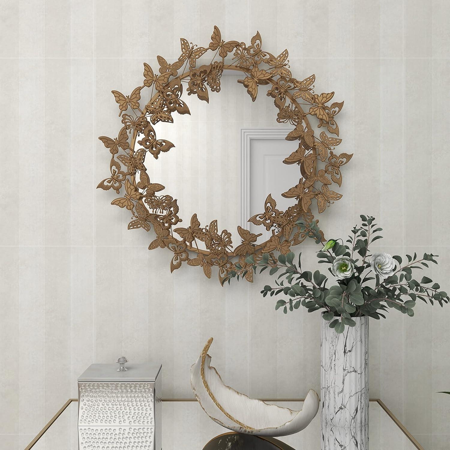 DecMode 28" x 28" Gold 3D Butterfly Wall Mirror