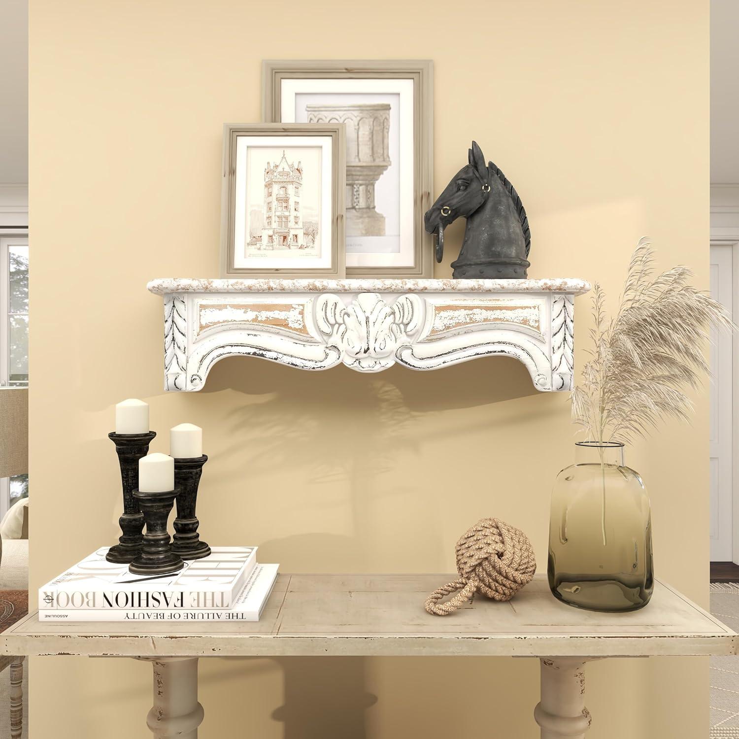 One Allium Way® Goodland White Wood 1 Shelf Scroll Wall Shelf 36" x 6" x 9"