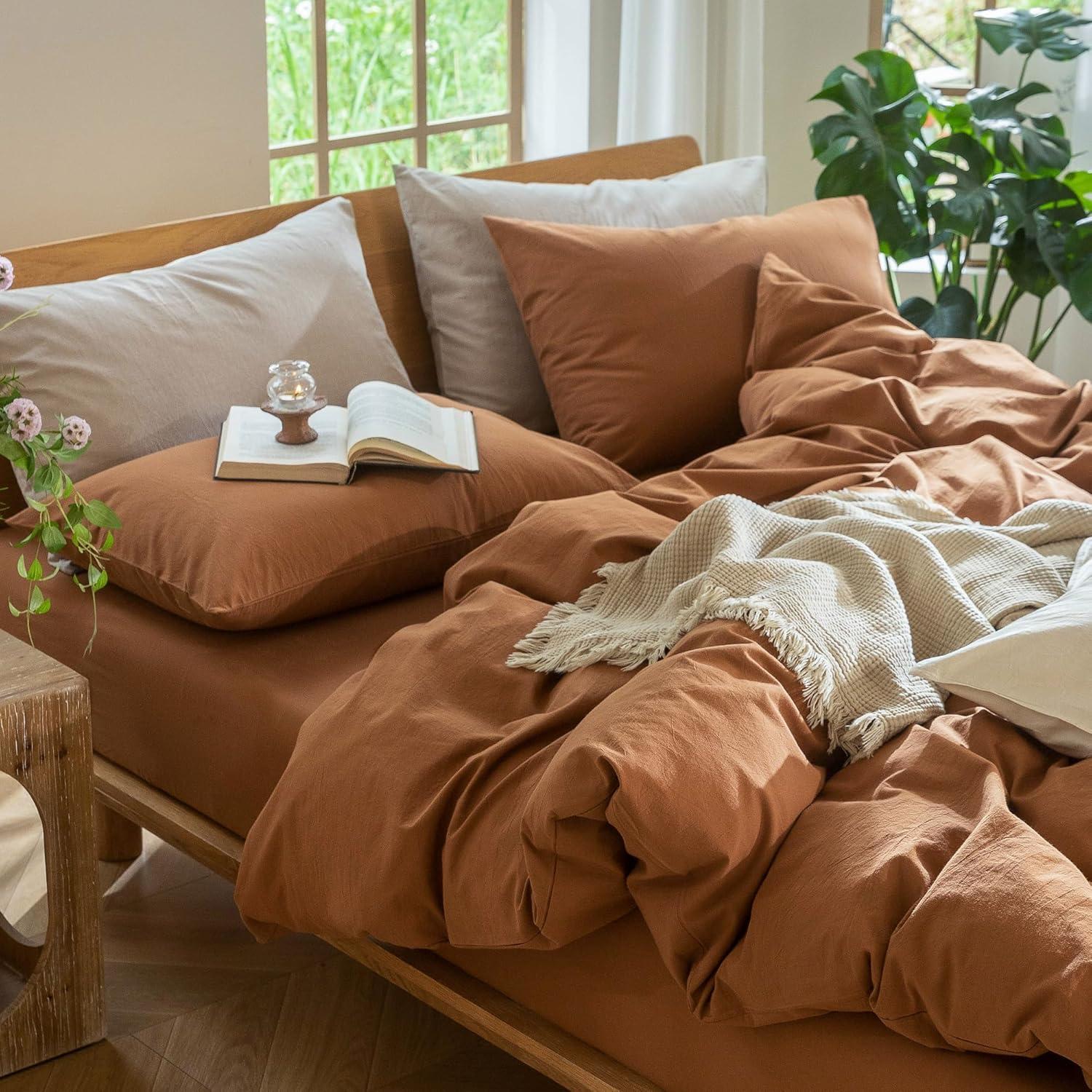 MOOMEE 100% Washed Cotton Linen Like Textured Duvet Cover Set