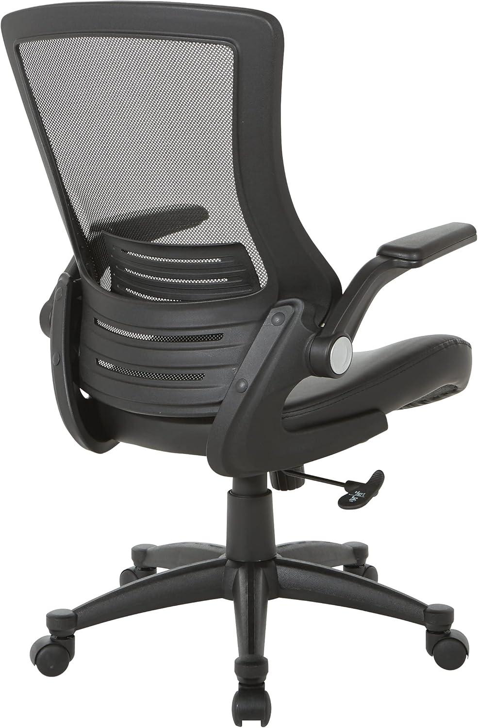 Office Star Products Screen Back Manager's Chair in Black Faux Leather Seat with PU Padded Flip Arms with Silver Accents