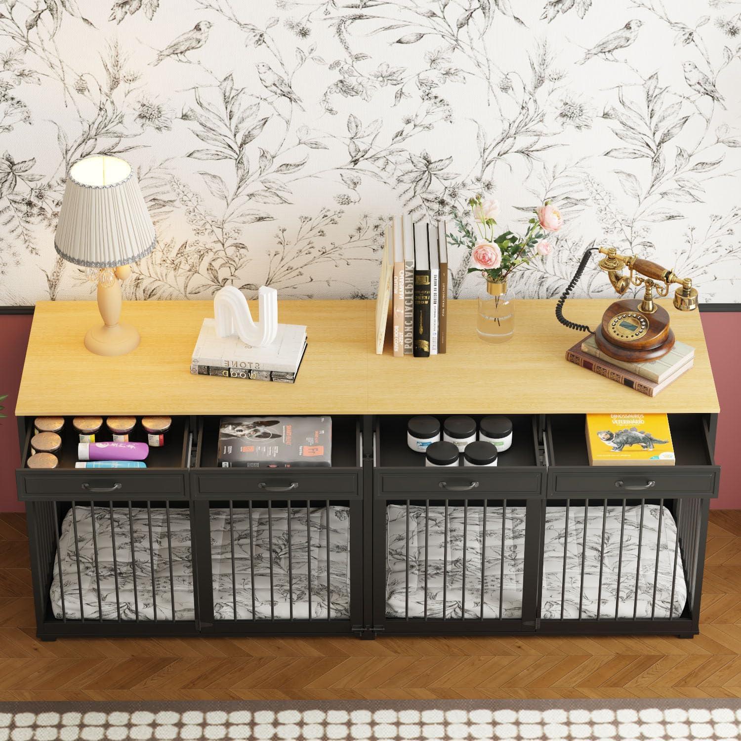 Famapy Spacious Large Double Dog Cage Furniture with Multiple Drawers Black