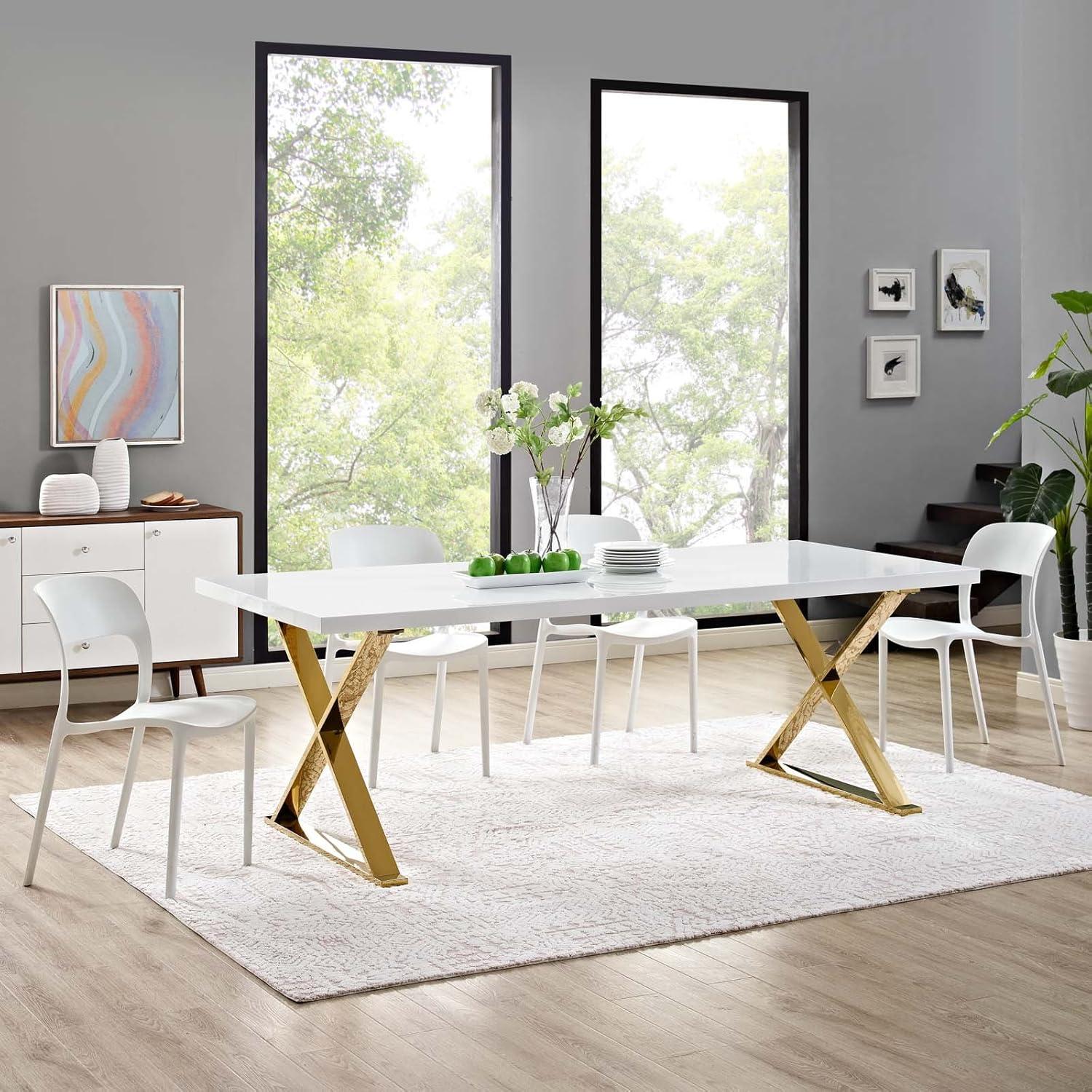 Contemporary White Gold 86.5" Fiberboard Dining Table with Gold X-Base