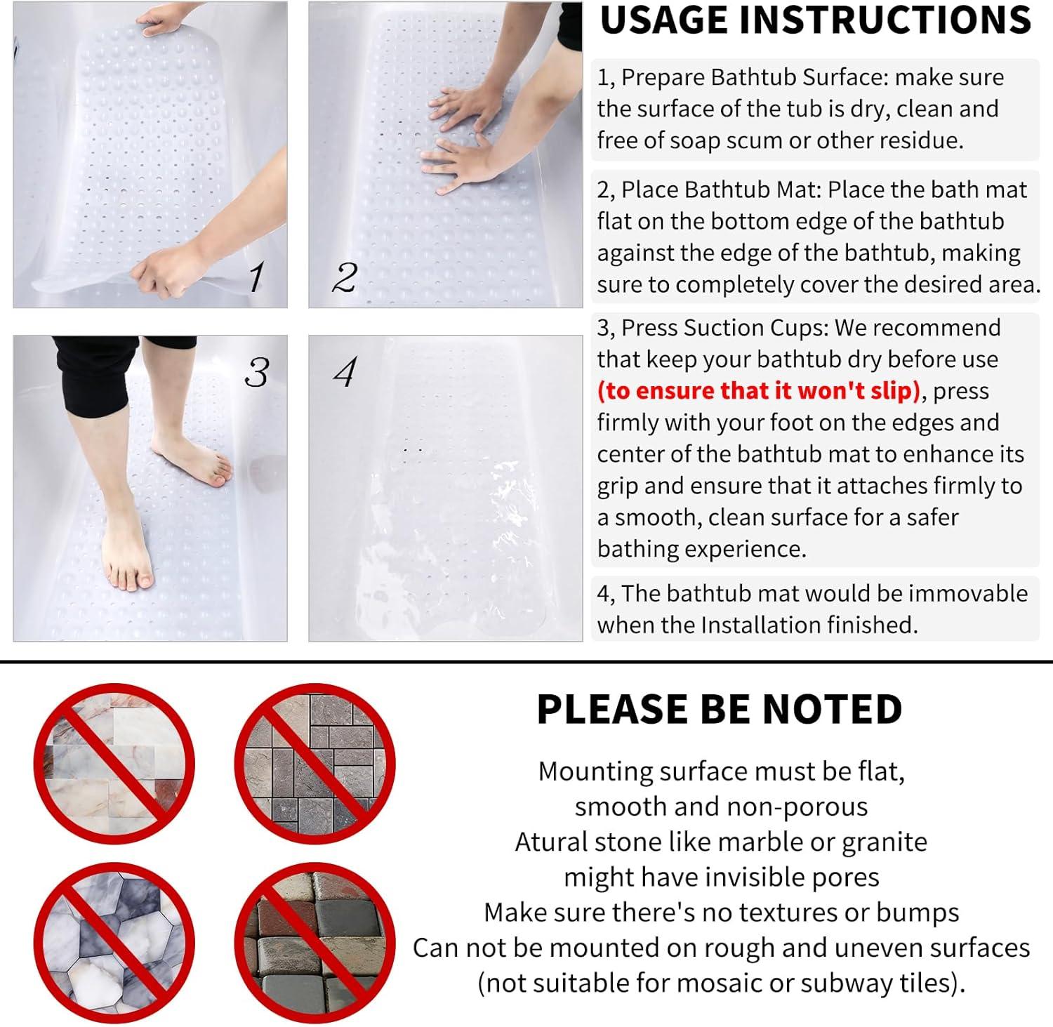Yimobra Non Slip Bathtub Mat, Super Strong Suction Cups, 40"x16" Extra Long Shower Mat with Drain Holes, Machine Washable Fast Draining Bathroom Floor Mat, Clear Grey