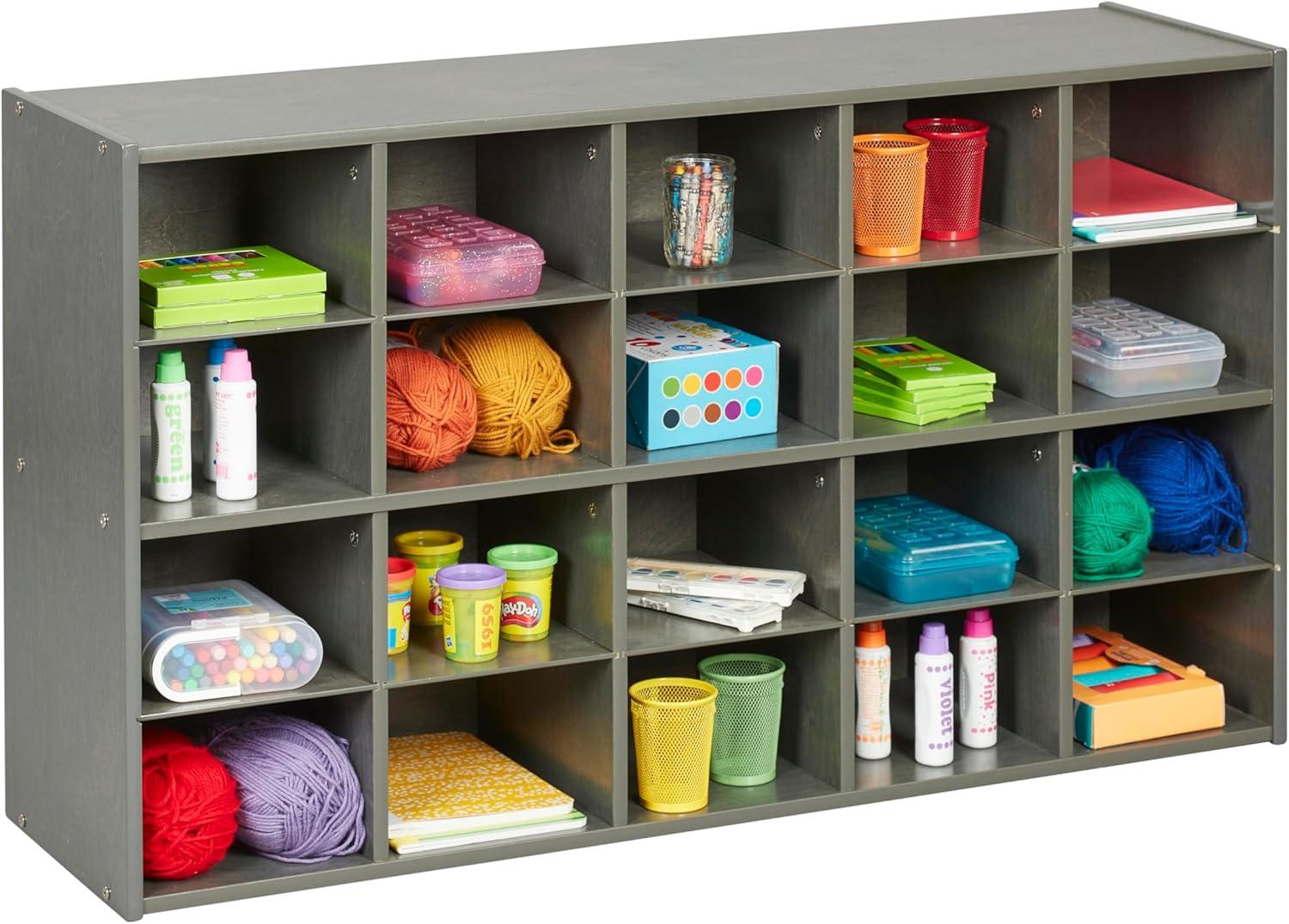 Grey Wash 20-Cubby Tray Storage Cabinet for Kids