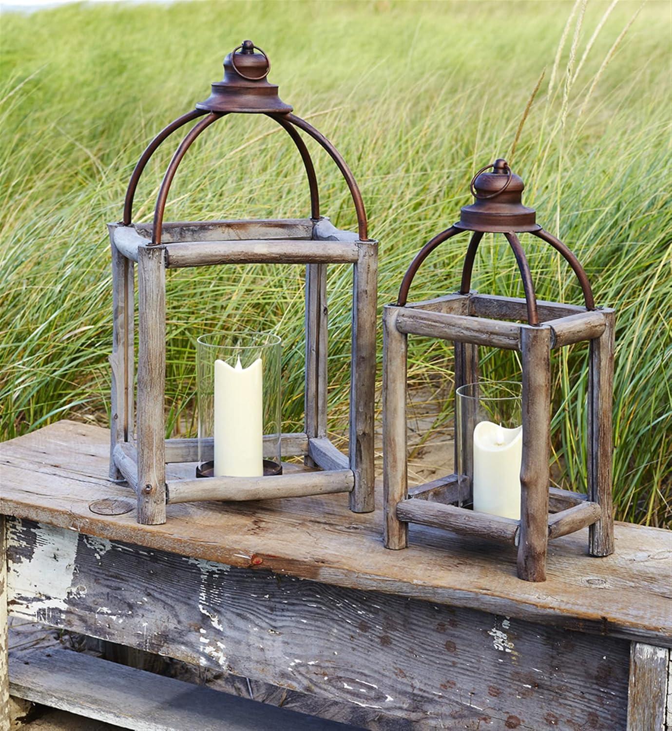 Natural Gray Wood and Metal Hanging Candle Lantern Set