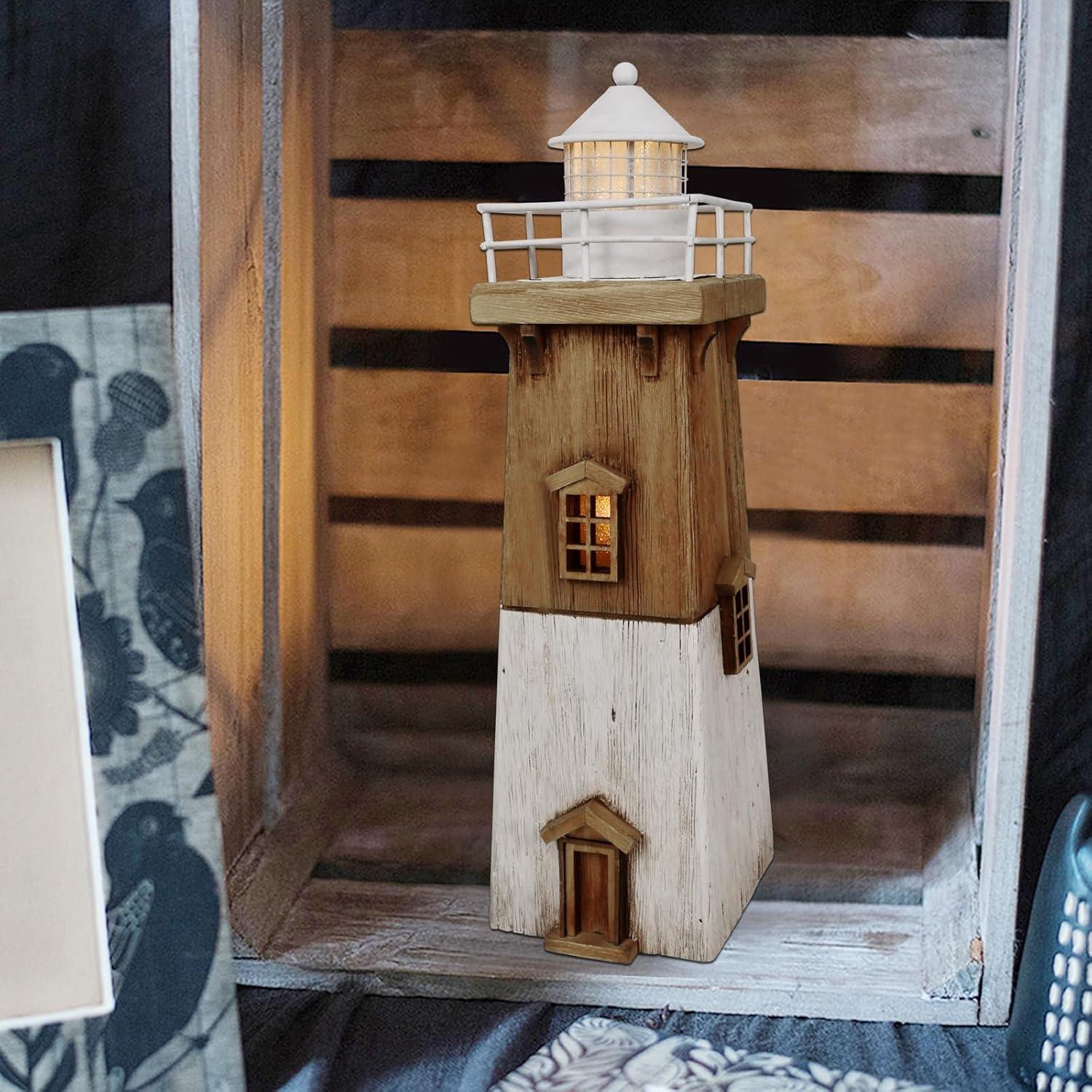 Rustic Wooden Nautical Lighthouse with LED Light, 13.78"