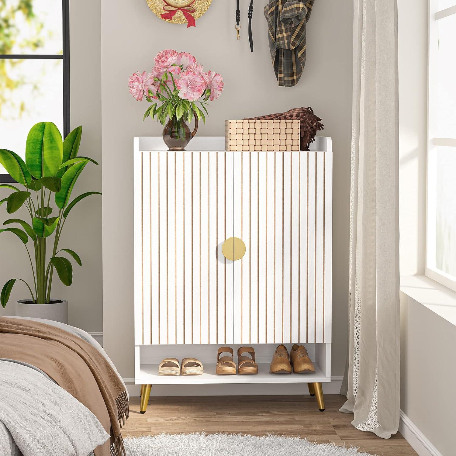 Shoe Cabinet with Doors, 6-Tier Shoe Storage Cabinet with Adjustable Shelves, Wooden Shoes Rack Shoe Storage Organizer for Entryway, Hallway, Closet, Living Room, White & Gold