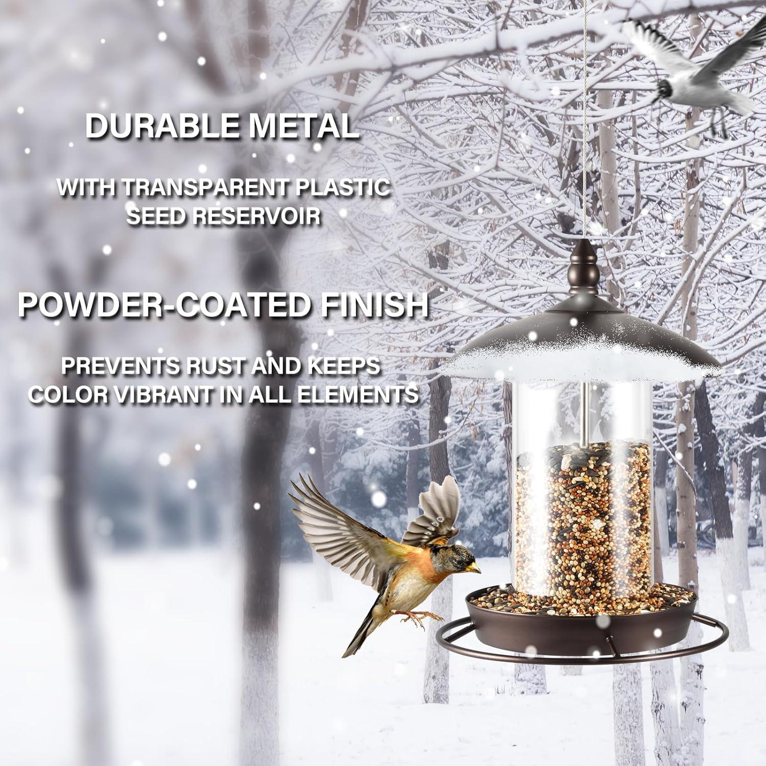 Metal Bird Feeder for Outside Hanging,Wild Bird Feeders for Cardinal, Large Roof and Tray - 6 Port