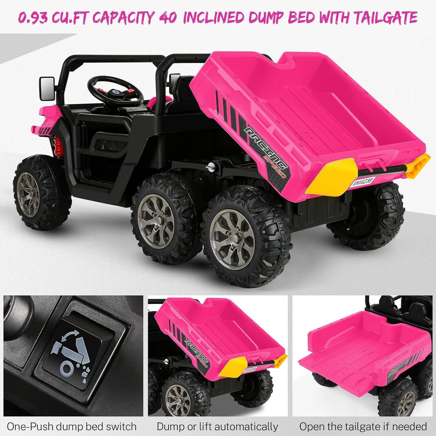 24V Kids Ride on Dump Truck with Remote Control, 2 Seater Powered 4-Wheel UTV Toys, 2x200W Ride on Tractor Car w/ Electric Dump Bed, Shovel, Bluetooth Music, Pink