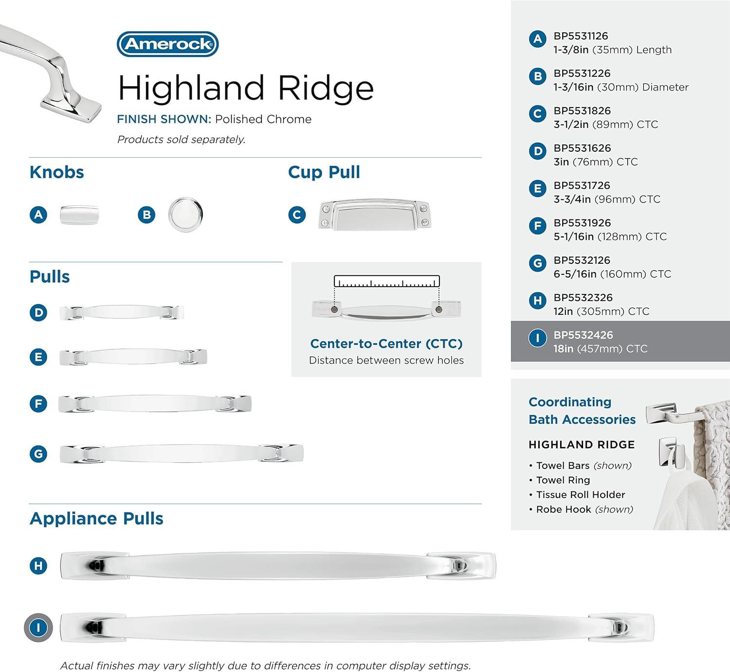 Amerock Highland Ridge 18 inch (457mm) Center-to-Center Polished Chrome Appliance Pull