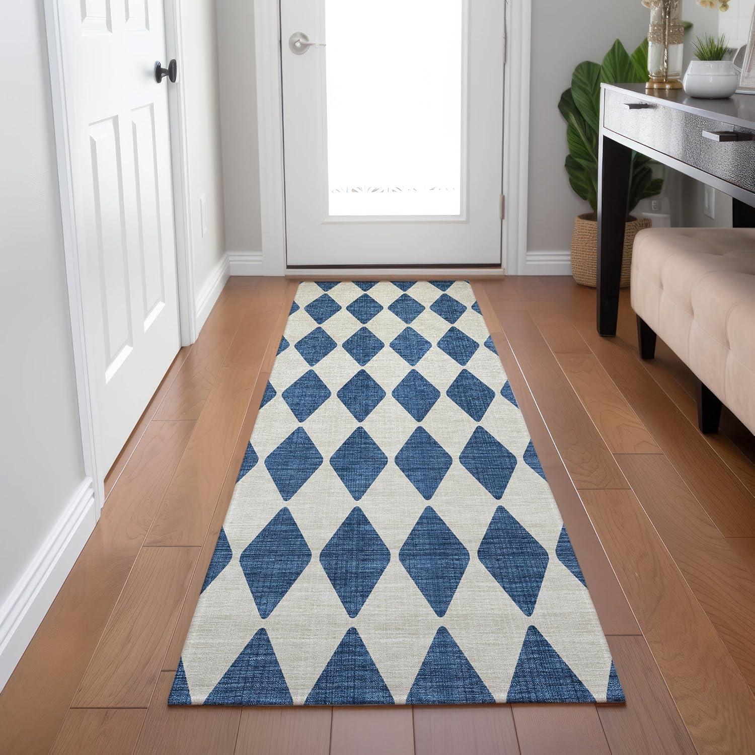 Navy and Beige Diamond Pattern Washable Runner Rug