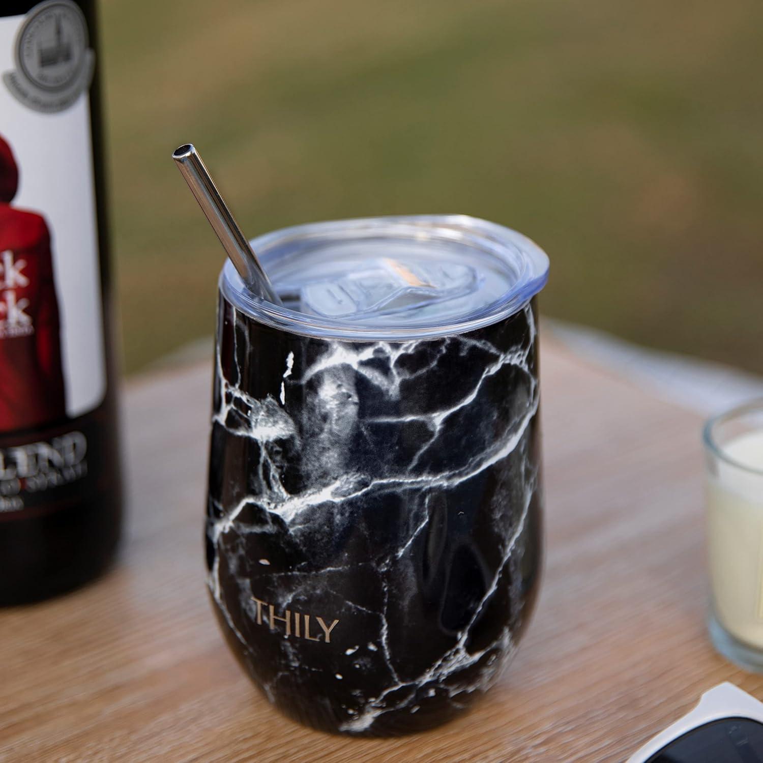 Wine Tumbler Vacuum Insulated Stemless - THILY 12 oz Triple-Insulated Stainless Steel Wine Glass with Lid and Straw, Cute Travel Cup Keep Cold or Hot for Coffee, Cocktails, Wood Grain