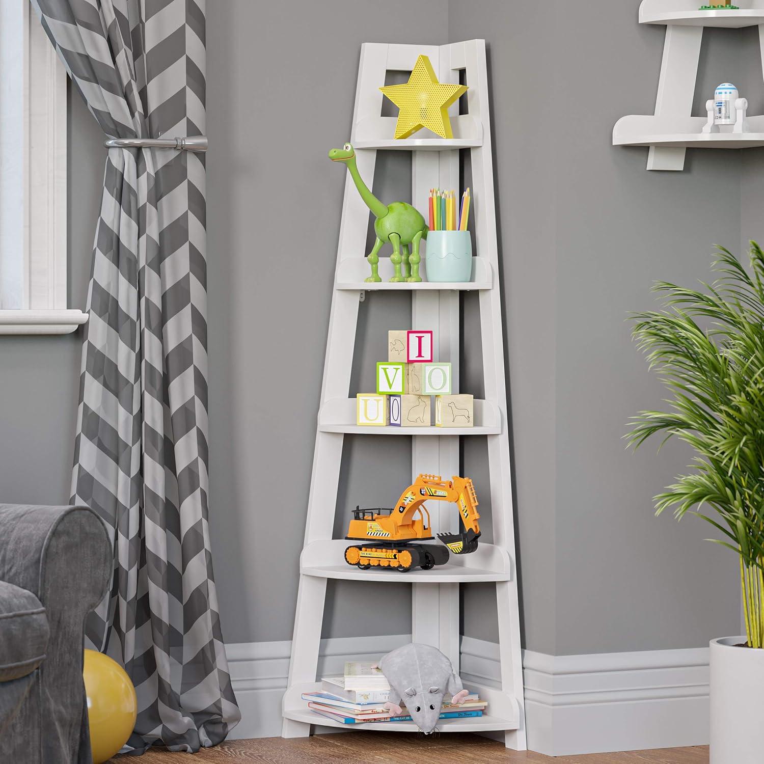 RiverRidge Kids 5-Tier Corner Ladder Playroom Display Bookshelf Organizer