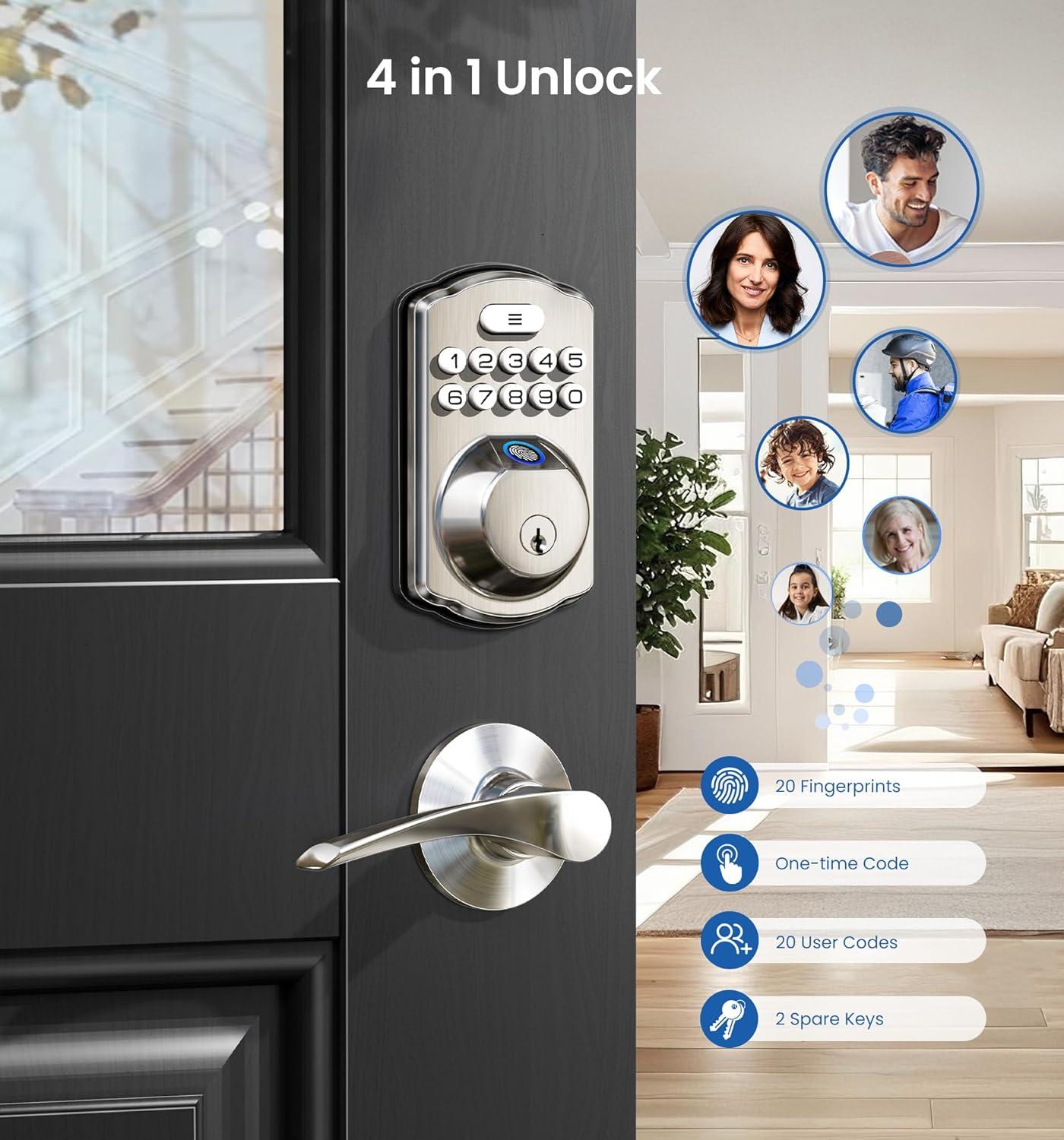 Satin Nickel Electronic Keypad Deadbolt with Fingerprint Sensor