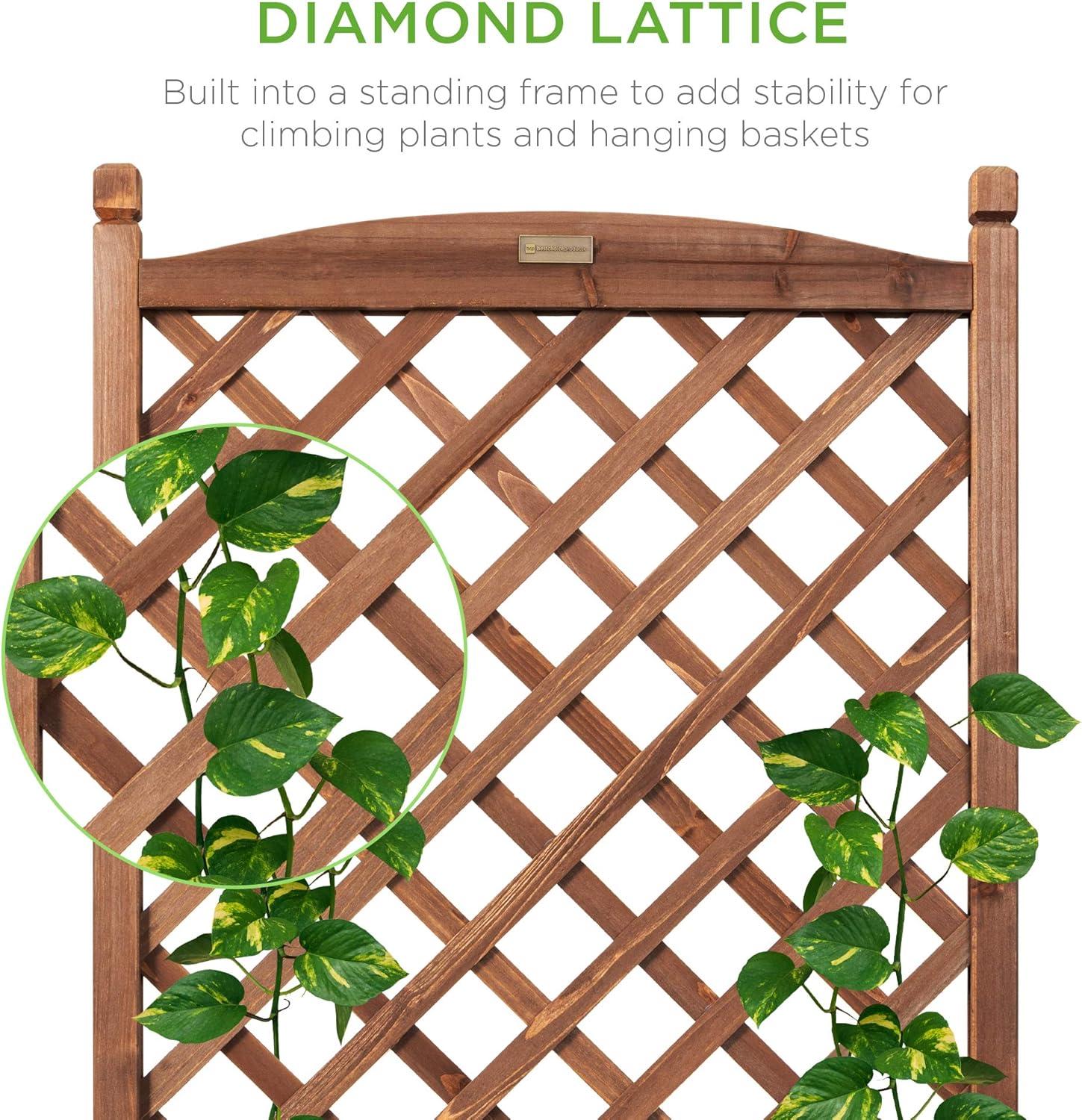 60in Wood Planter Box & Diamond Lattice Trellis, Mobile Outdoor Raised Garden Bed for Climbing Plants w/Drainage Holes, Optional Wheels - Walnut