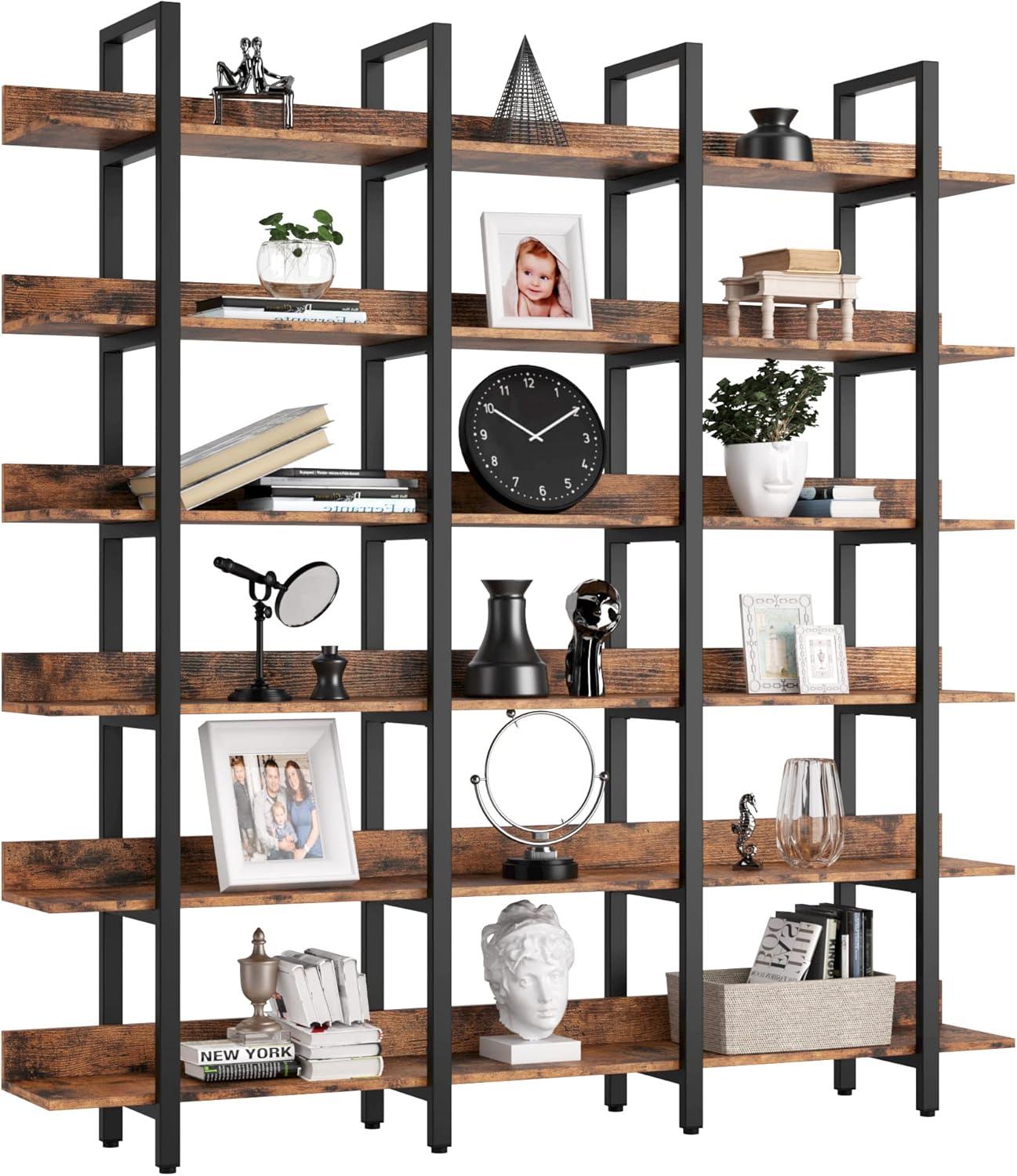 IRONCK Bookcase and Bookshelves Triple Wide 6-Tiers Large Open Shelves, Etagere Bookcases with Back Fence for Home Office Decor, Easy Assembly