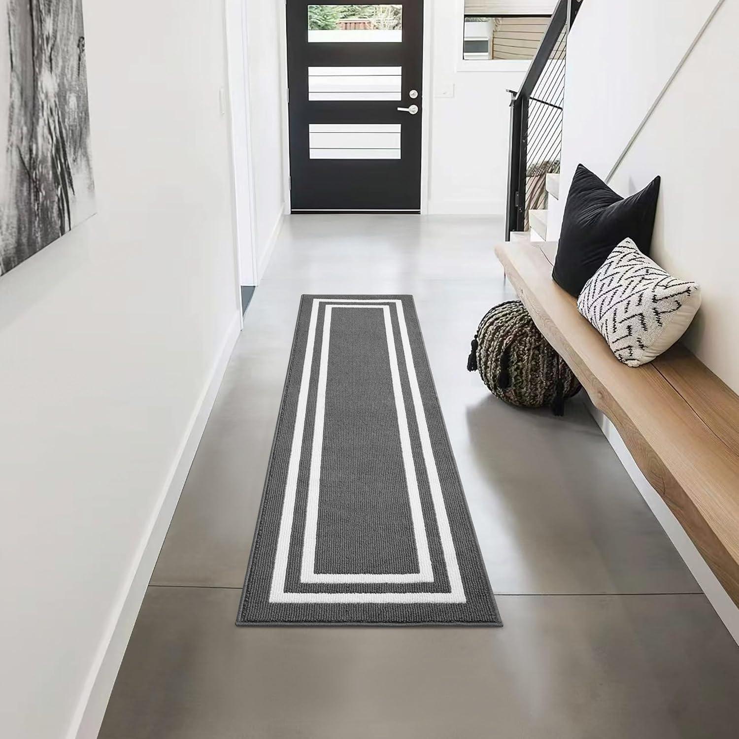 Double Border Machine Tufted Performance Dark Gray/White Rug