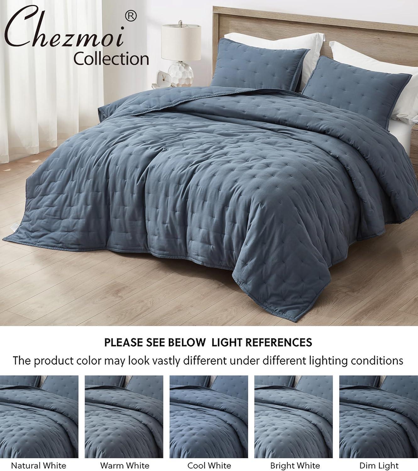 Chezmoi Collection Glen 3-Piece Crescent Stitched Quilt Set, Oversized King Size, Steel Blue, Rayon Derived from Bamboo & Polyester Blended, Soft Breathable Cooling Bedspread for Hot Sleepers