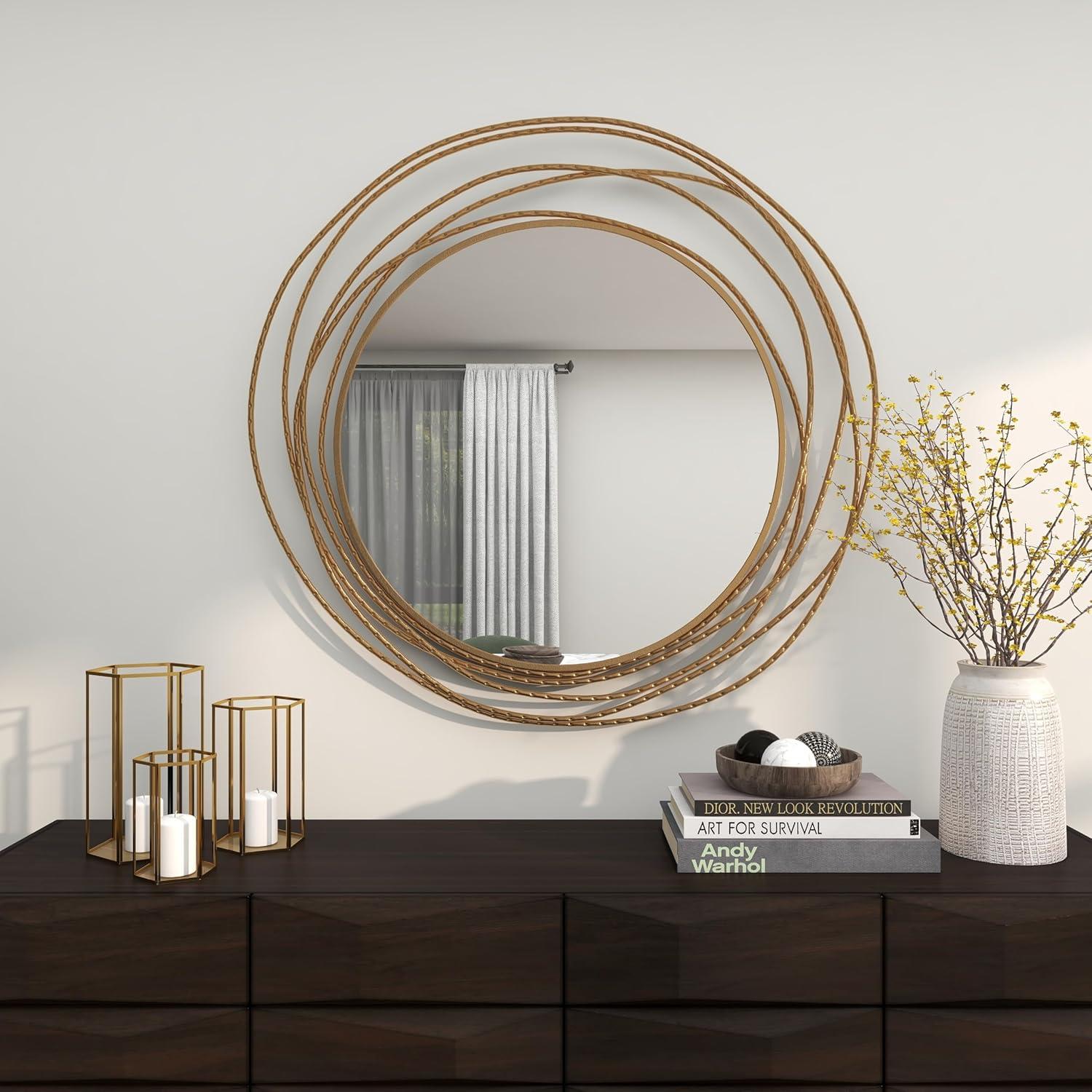 DecMode 40" x 38" Gold Wall Mirror with Overlapping Ring Frame