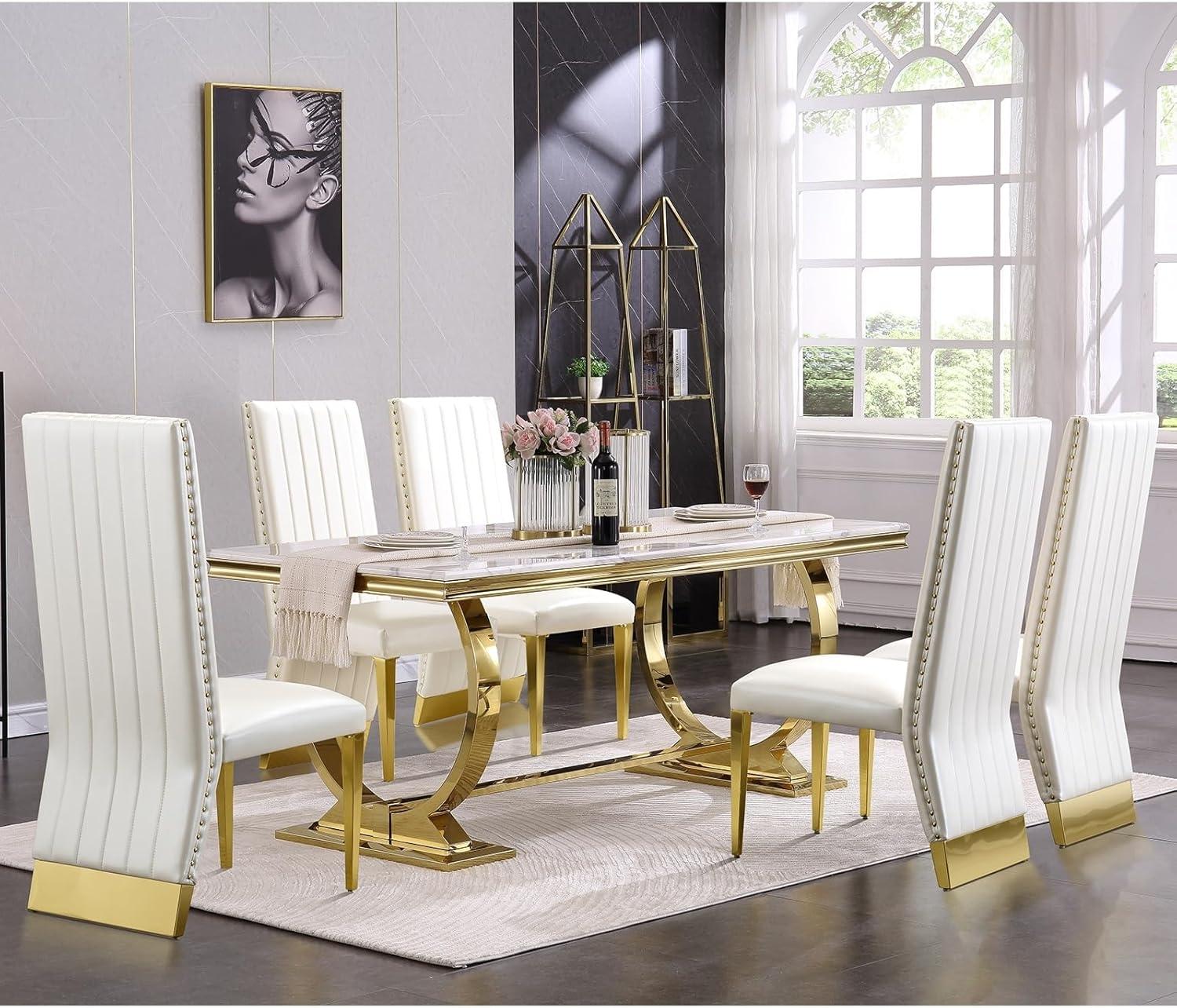 White Faux Leather High Back Side Chair with Gold Metal Legs