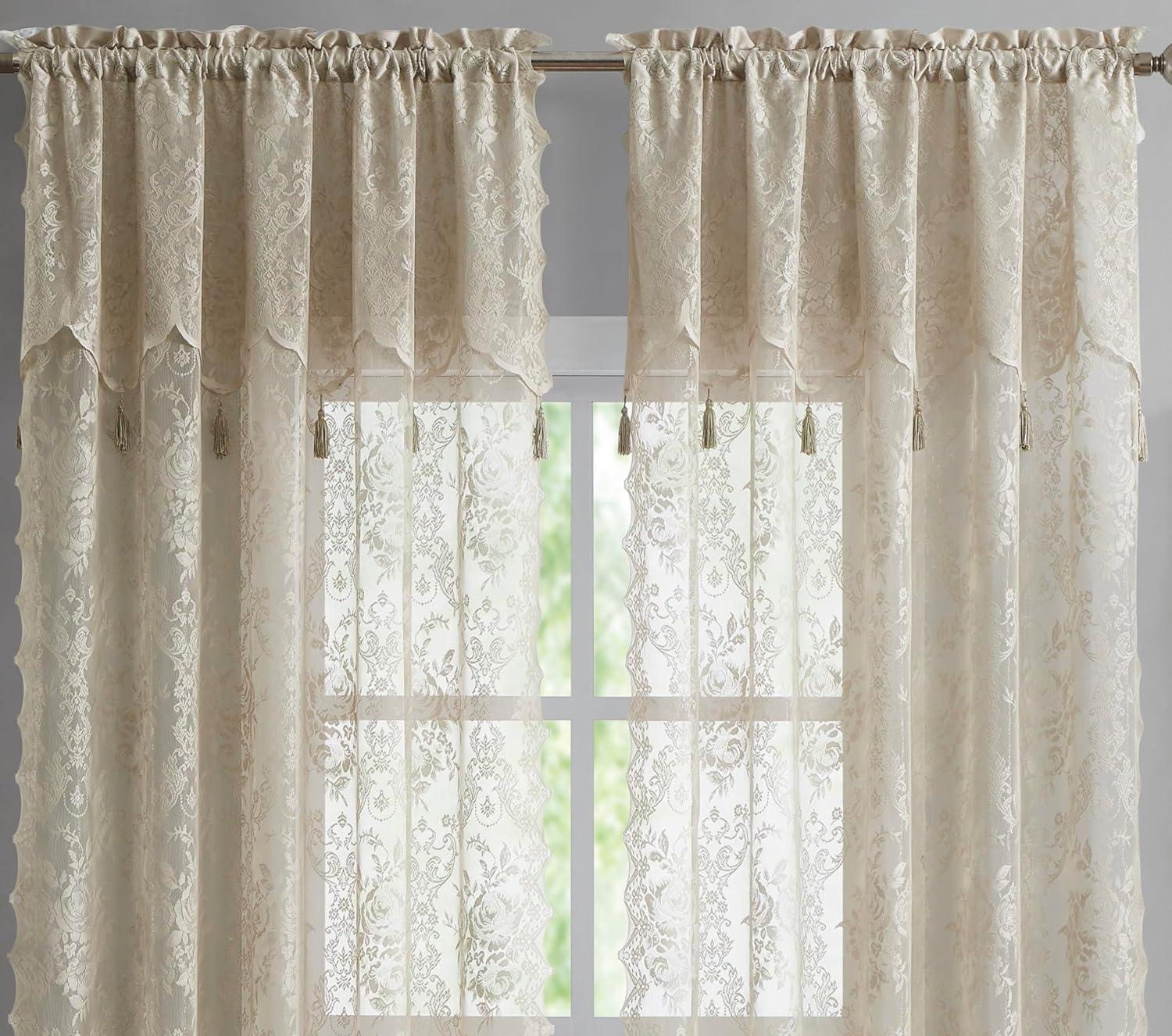 Rosdorf Park Rosdorf Park Pair Of 2 Sheer Lace Curtain Panels with Attached Matching Valance With 6 Tassels. (Set of 2)