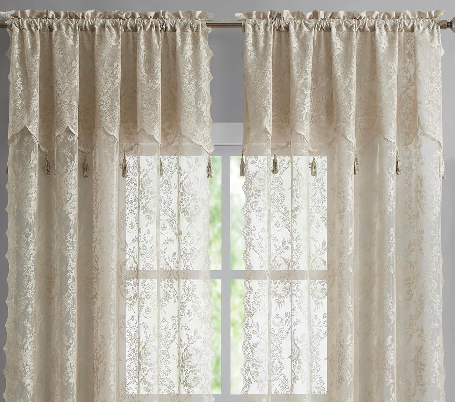 Rosdorf Park Rosdorf Park Pair Of 2 Sheer Lace Curtain Panels with Attached Matching Valance With 6 Tassels. (Set of 2)
