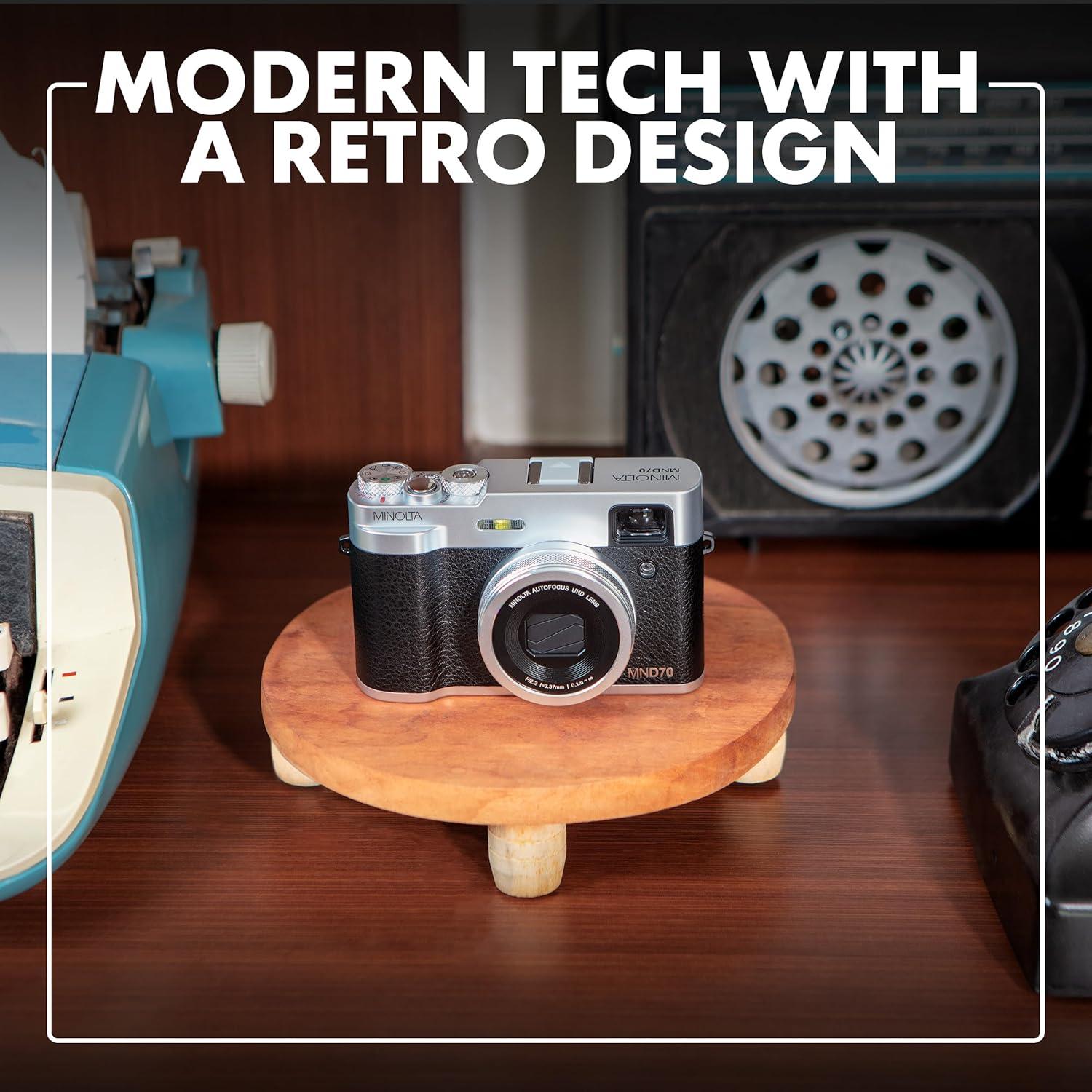 Minolta MND70 Retro 48 MP Autofocus Digital Camera with 5K Ultra HD Video, Rear Selfie Lens & WiFi, Silver