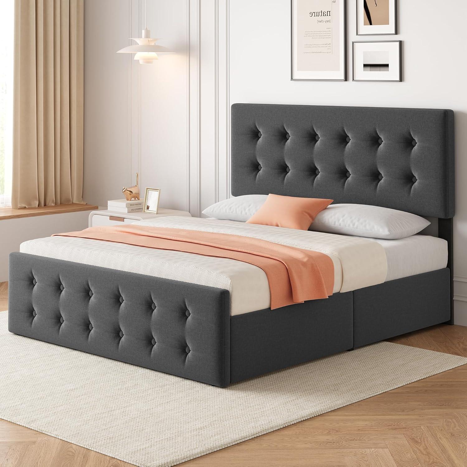 GAOMON Queen Size Bed Frame with 4 Storage Drawers and Headboard, Linen Upholstered Platform Bed Frame with Wooden Slats Support, Button Tufted Design, No Box Spring Needed, Dark Grey