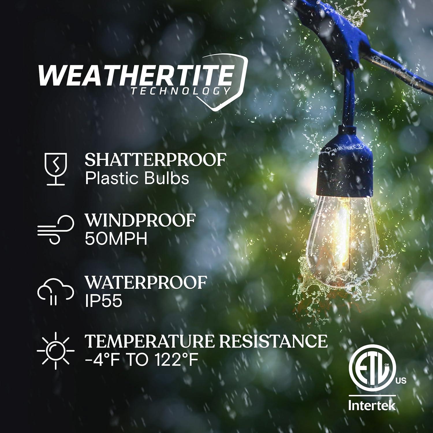 Brightech Ambience Pro 48 ft. Solar-Powered Outdoor LED String Lights with 15 Warm White S14 Bulbs, Weatherproof and Commercial-Grade Cord
