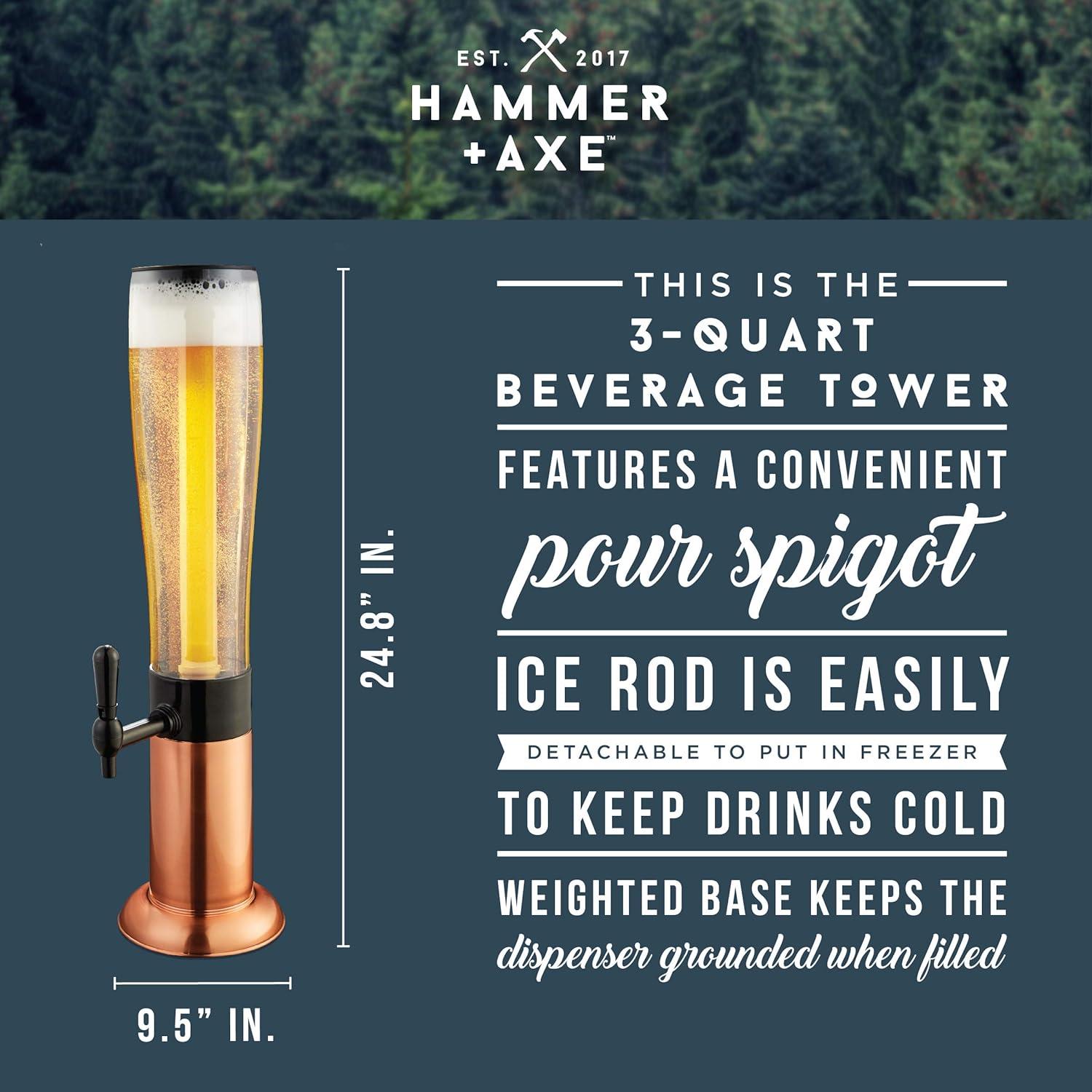 Hammer + Axe Beer Tower Drink Dispenser with Pro-Pour Tap and Freeze Tube to Keep Beverages Ice Cold, Perfect for Parties and Gameday, Home Bar Accessories, 2.75 Qt./2.6 L, Copper Finish