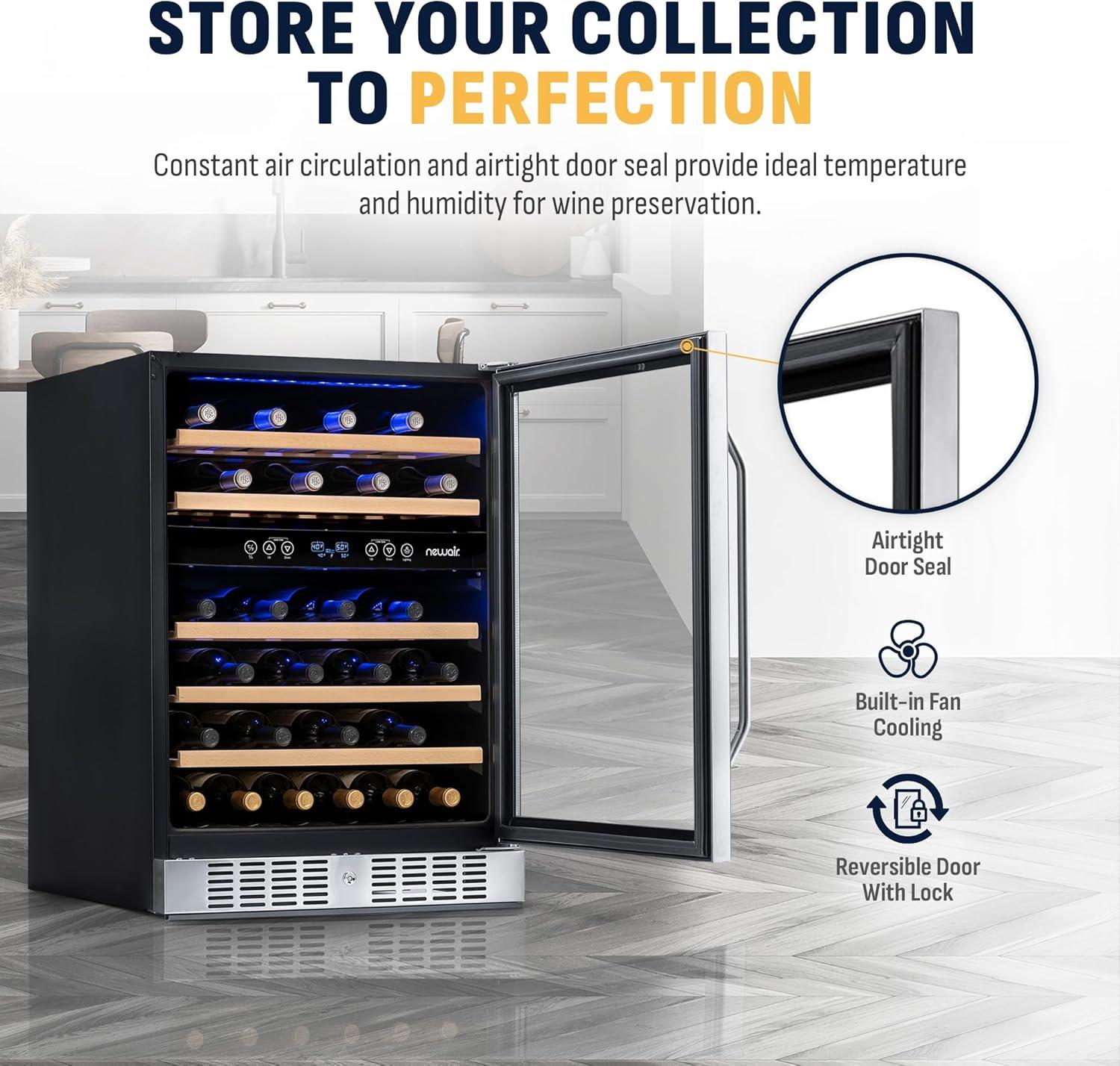 Newair 24 in. 46 Bottle Dual Zone Built-in Wine Refrigerator with Beechwood Shelves and Safety Lock