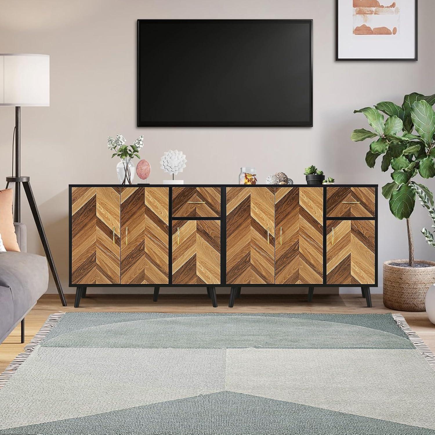 Accent Cabinet, Black Storage Cabinet with Doors Mid Century Modern Sideboard Buffet Cabinet with Storage Shelves Small Wood Accent Cabinets for Living Room Entryway Office, Brown Herringbone