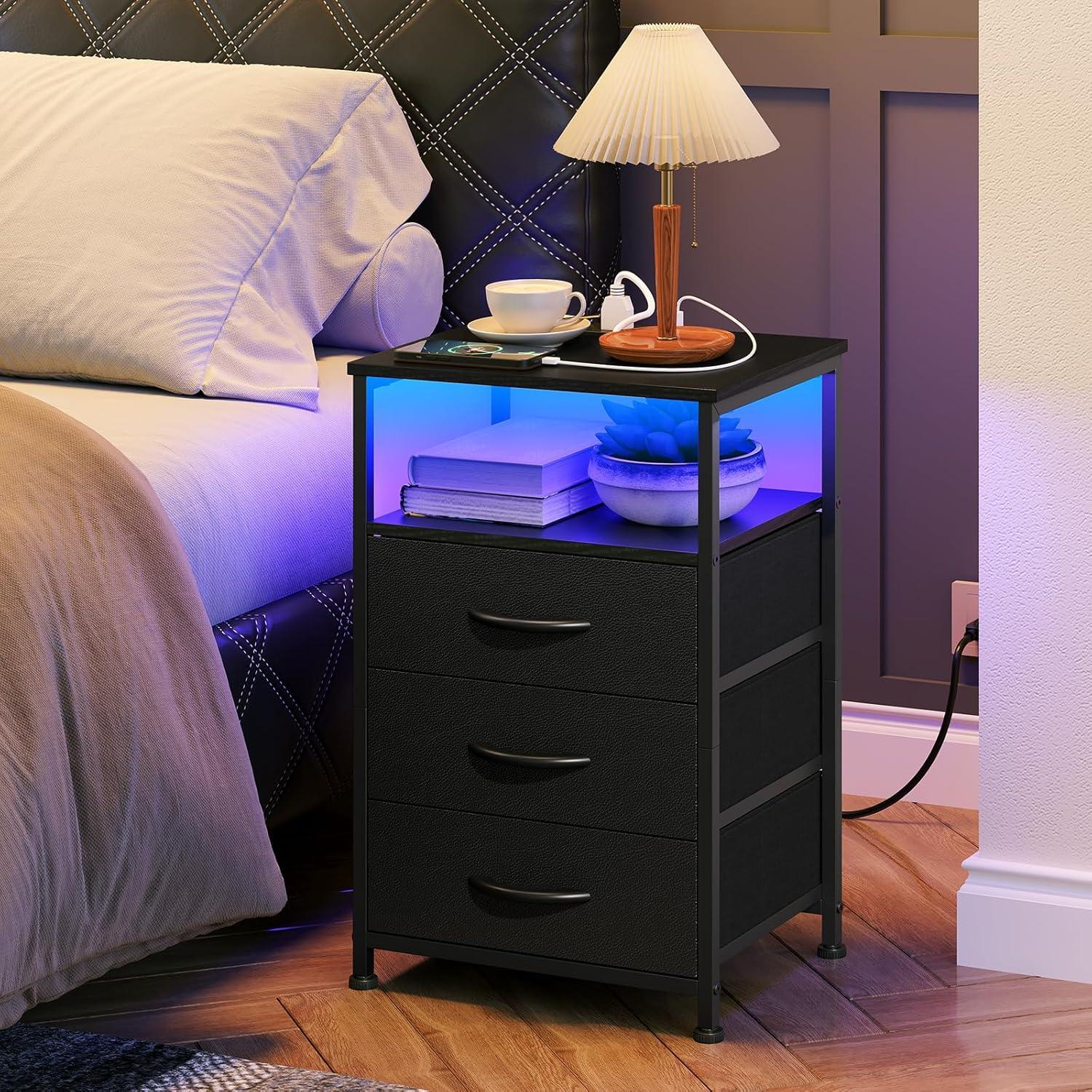 LED Nightstand with Charging Station, Side Table with USB Ports and Outlets, End Table for Small Spaces, Black Bedside Tables with Fabric-Wood 2-in-1 Drawer for Bedroom, Living Room, Office