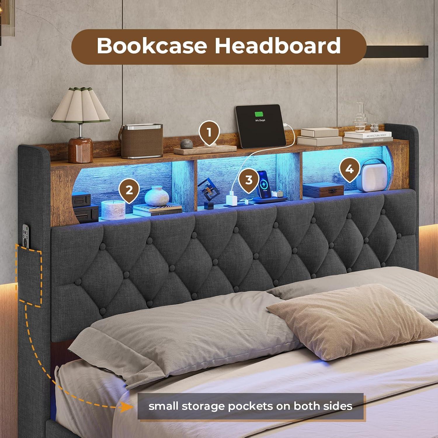 Weiplehoom Full Floating Bed Frame with Storage Headboard and LED Lights, Linen Upholstered Platform Bed with Charging Station, Dark Gray