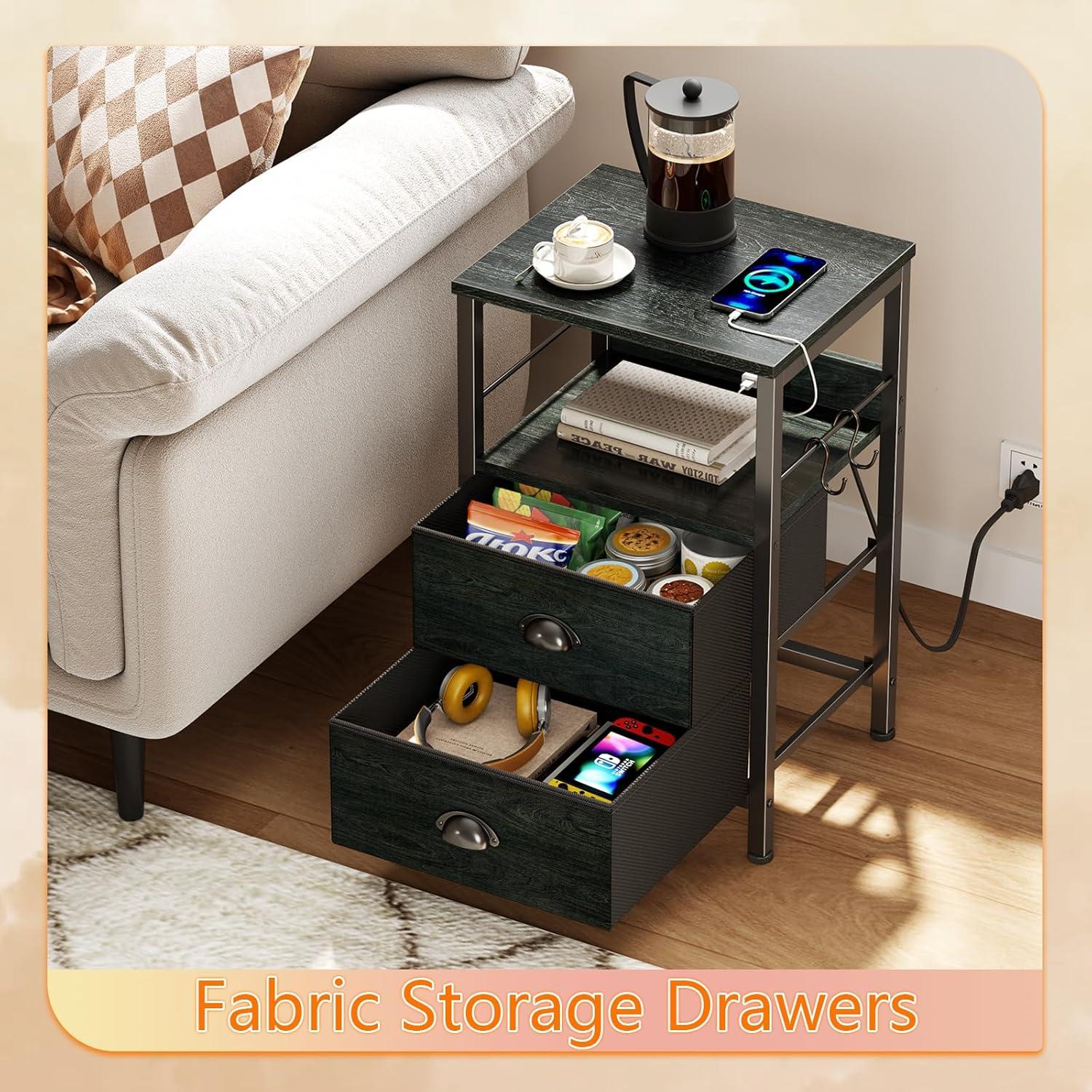 Furologee Nightstands Set 2, End Tables with 2 Fabric Drawers, Bedside Tables with Hooks and Shelf, Side Tables for Bedroom/Living Room/Study/Black Oak
