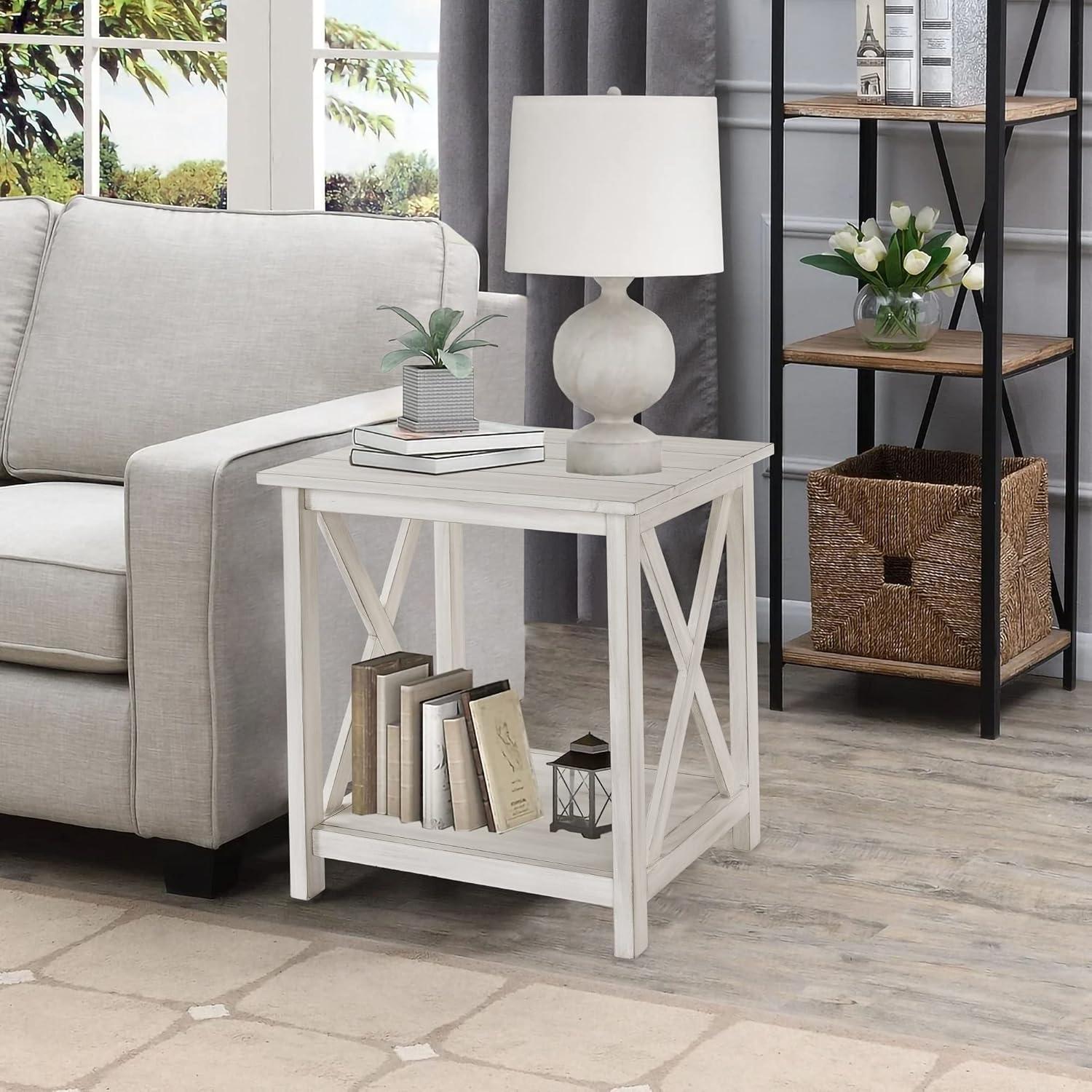 Jamestown End Table White - Boraam: Antique-Look Accent Table, Storage Shelf, Farmhouse Design