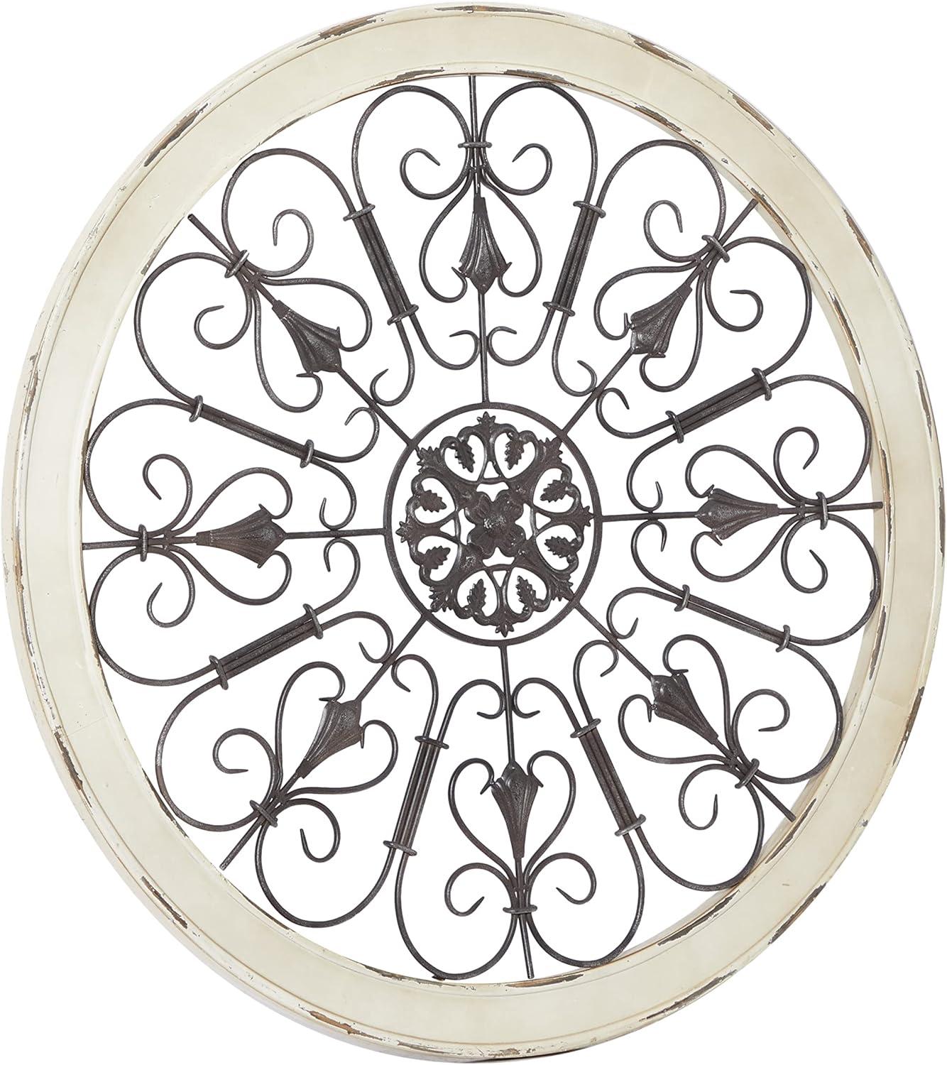 DecMode Brown Wood Arabesque Scroll Wall Decor with Metal Fleur De Lis Relief