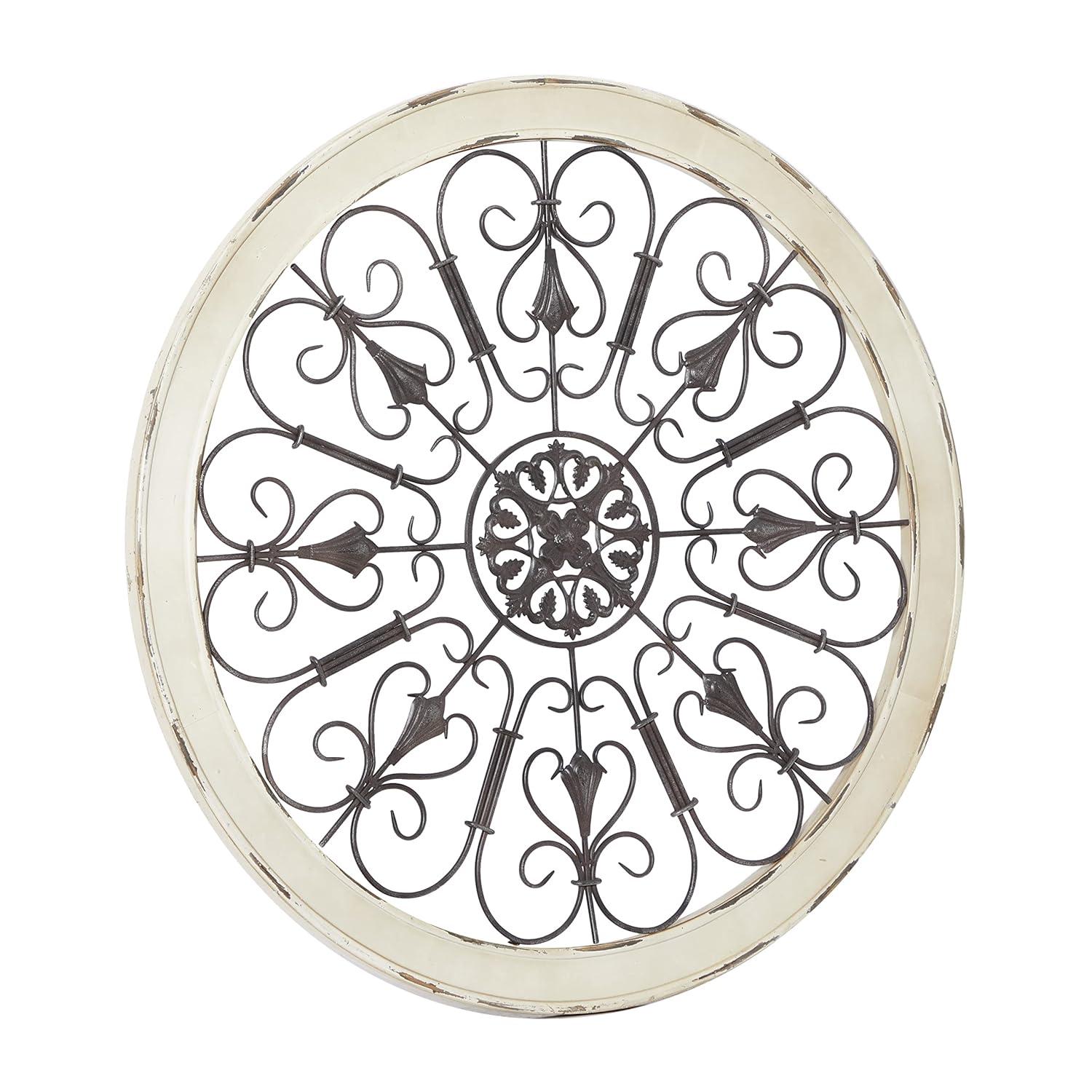 DecMode Brown Wood Arabesque Scroll Wall Decor with Metal Fleur De Lis Relief