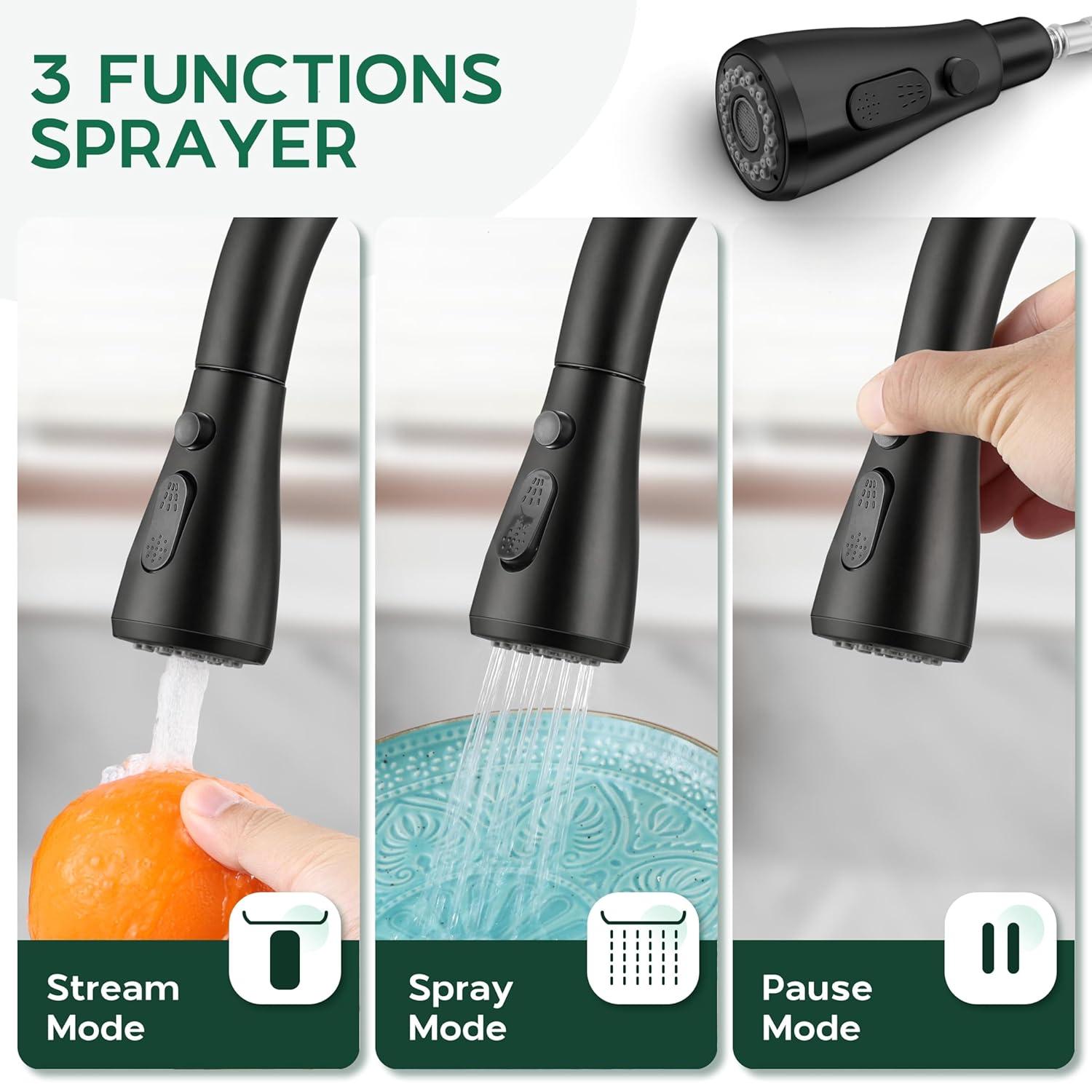 Black Kitchen Faucet with Soap Dispenser Stainless Steel Single Handle Kitchen Sink Faucet with Pull Down Sprayer for Single Hole or 3 Holes