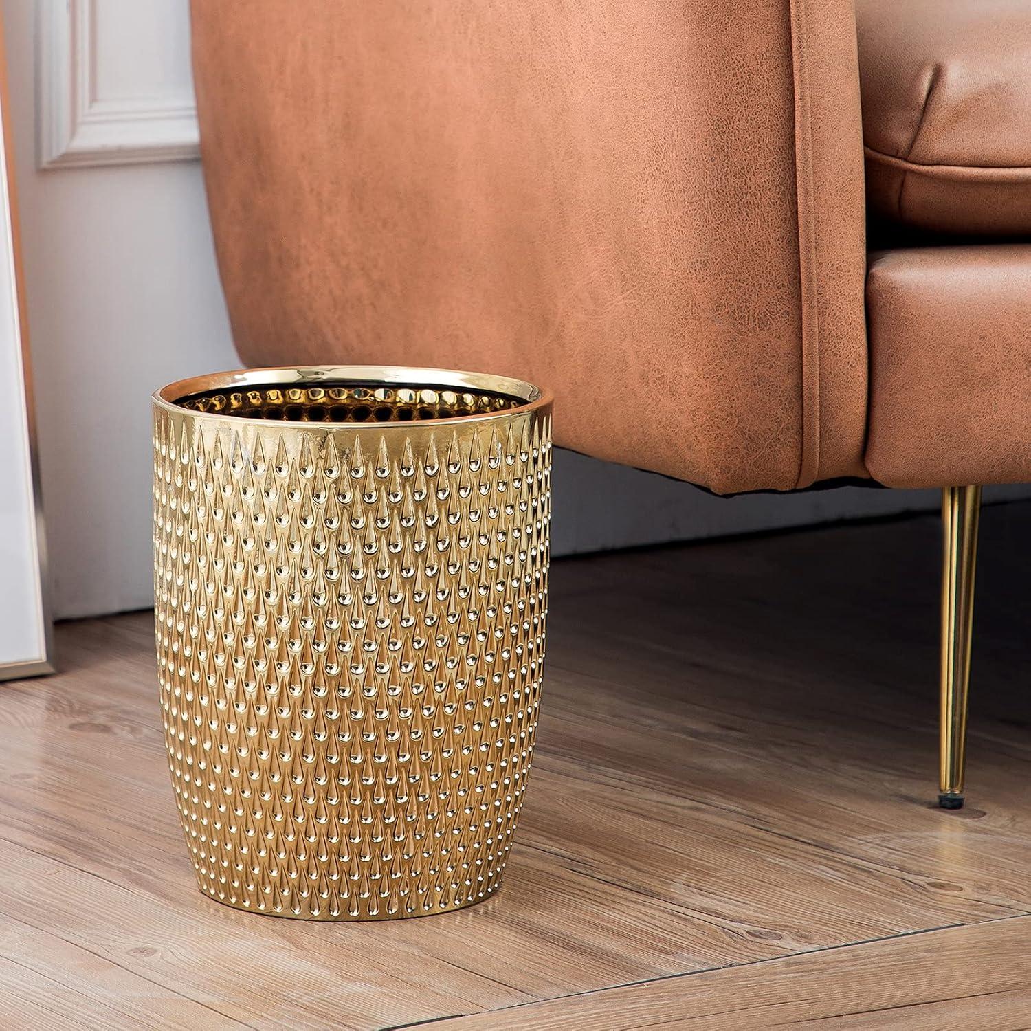 Gold Plated Ceramic Round Wastebasket for Bathrooms and Offices