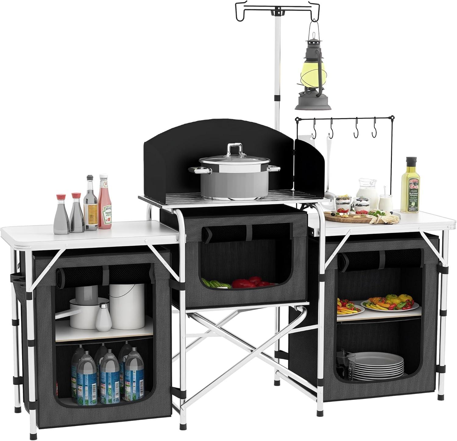 Outsunny Camping Kitchen Table, Portable Folding Camp Kitchen, Aluminum Cook Station with 3 Fabric Cupboards, Windshield, Carrying Bag, Black
