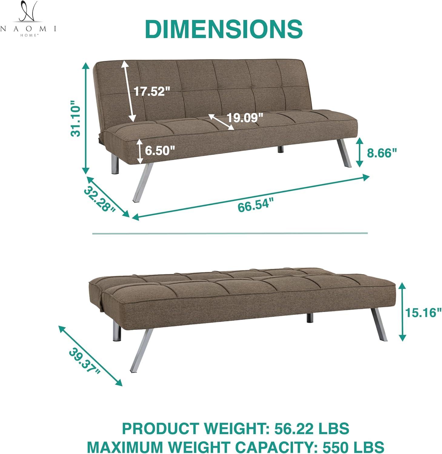 Modern Futon Sofa Bed - Compact Design for Small Spaces - Convertible Futon with Linen Fabric for Premium Comfort - Ideal Guest Couch - Stylish & Durable, Supports up to 750 lbs. - Tangerine