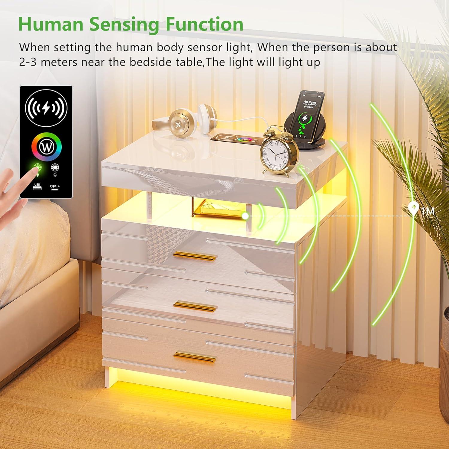 HNEBC Smart LED Nightstand with Wireless Charging & USB Ports, High Glossy Night Stand with 3 Drawers and 1 Pull-Out Tray, Modern Bedside Table with Human Sensor for Bedroom (White)