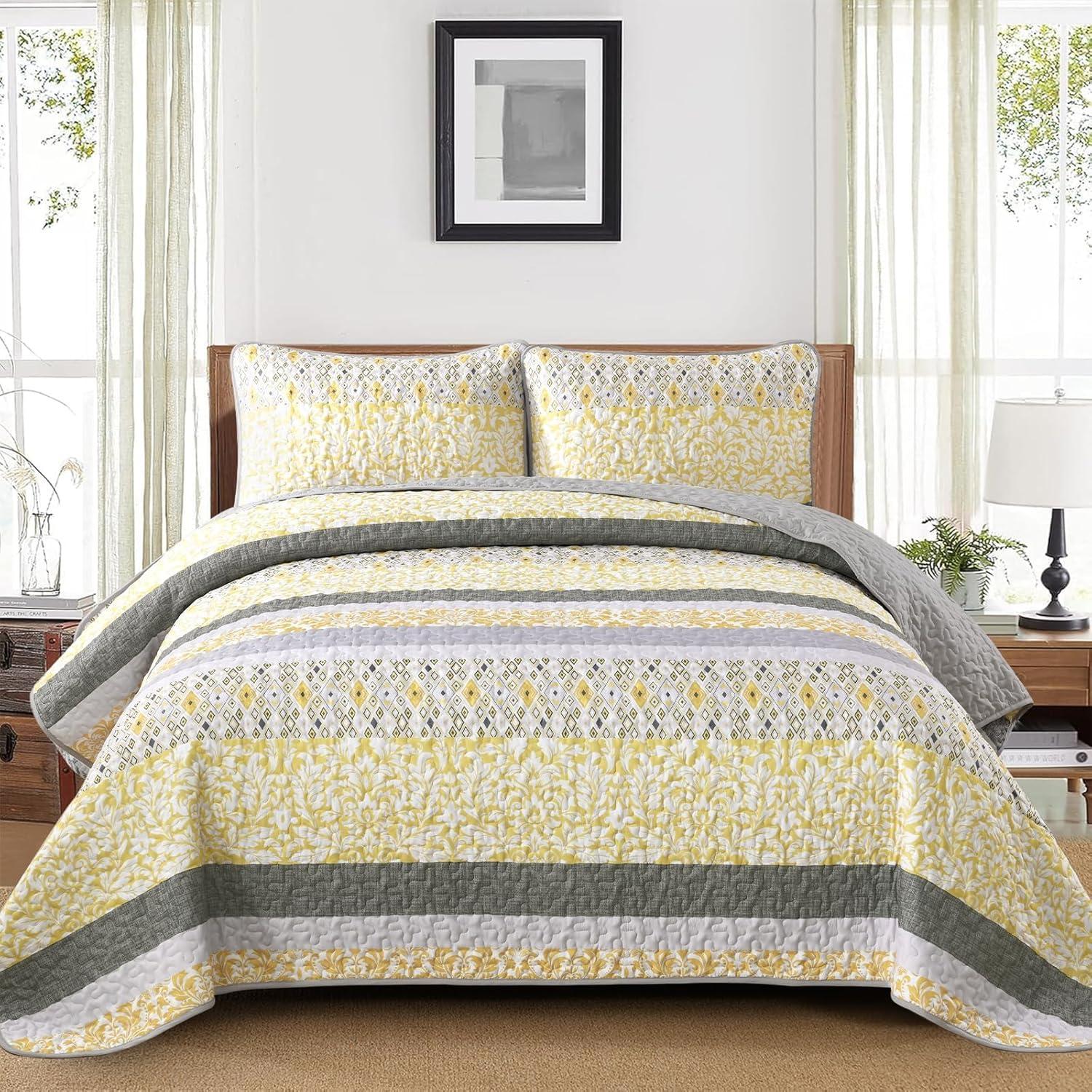 JML 3 Piece Quilt Set King Size,Lightweight Microfiber Bedspread Coverlet,Grey & Yellow Floral