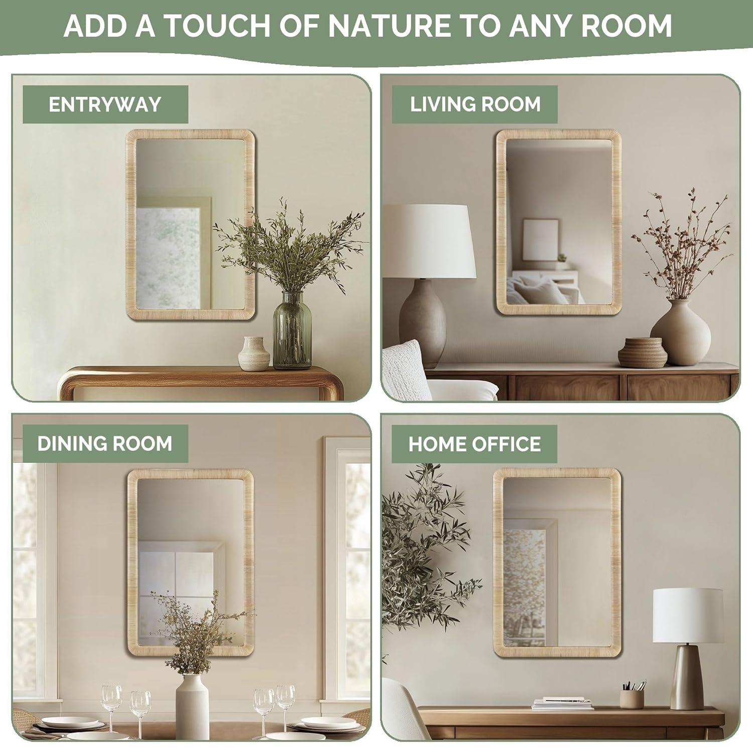 Nova Natural Rattan Rectangle Wall Mirror - Ink+Ivy: Modern Style, Polystyrene Frame, Wall Mount
