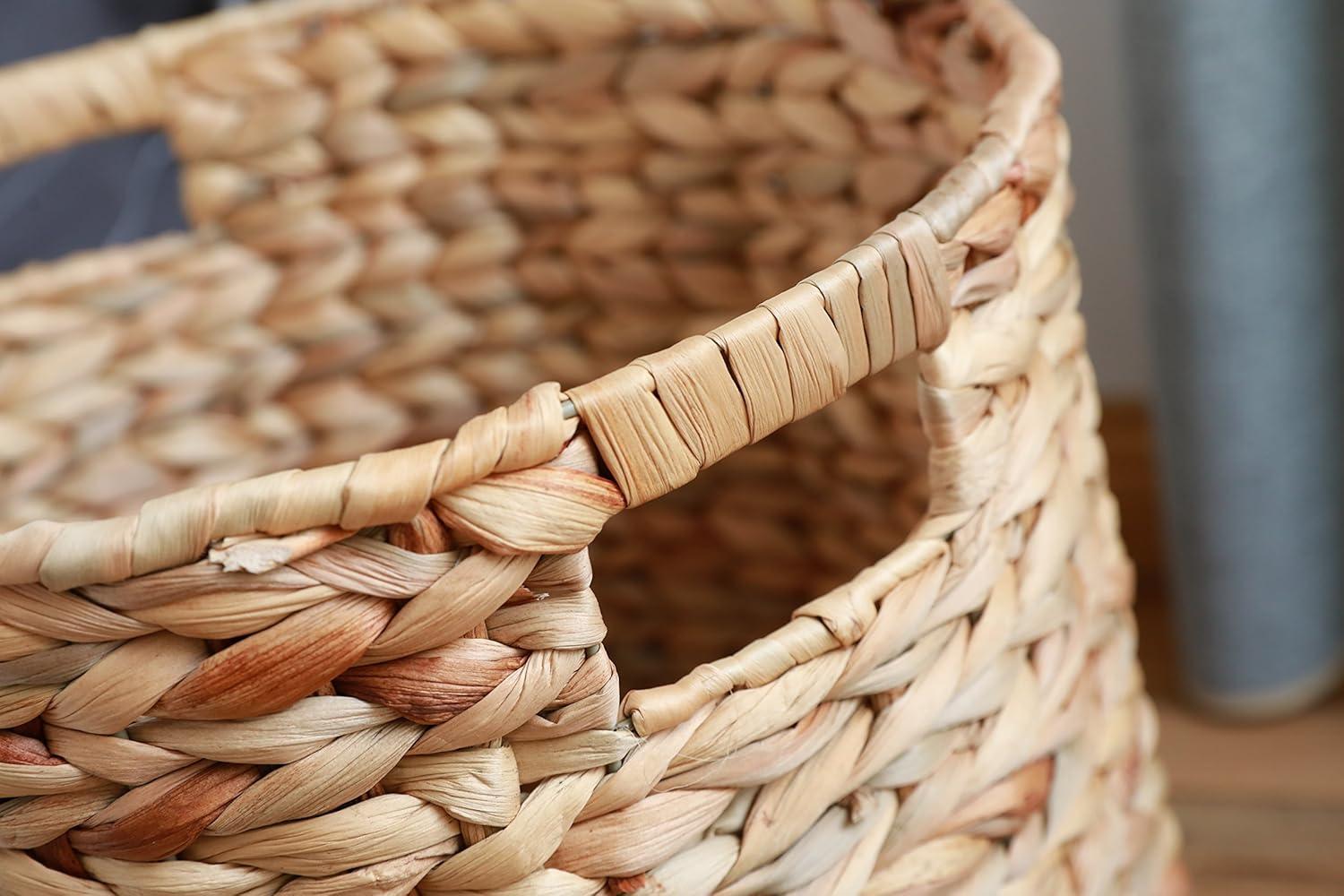 Large Round Water Hyacinth Wicker Basket with Handles - Handwoven Trash Bin for Bedroom, Bathroom, Home Office, Kitchen or Any Room in the House