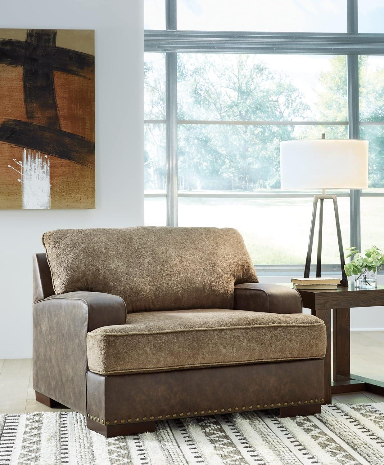 Contemporary Brown Faux Leather Oversized Chair and a Half