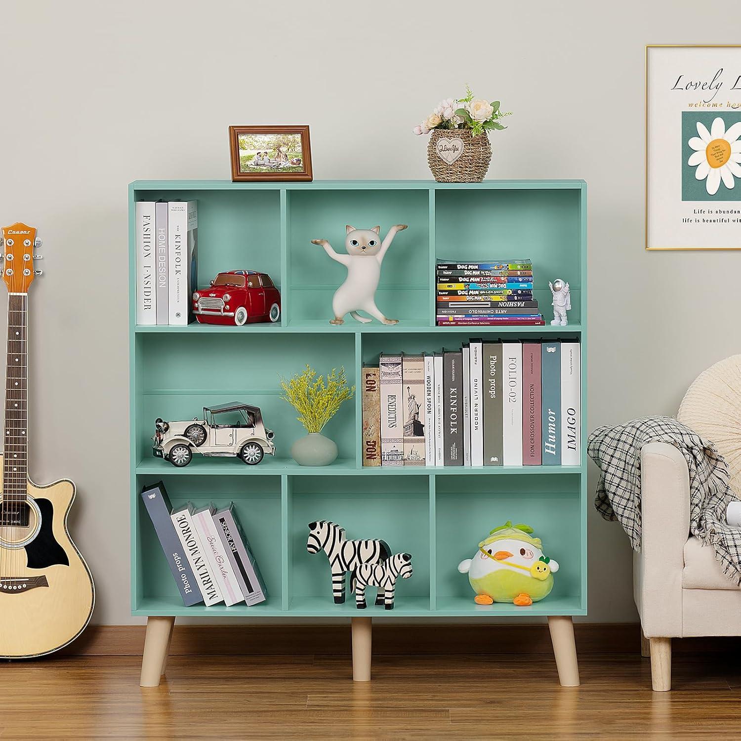 Satiny 7 Cube Bookshelf 3-Tier Bookcase with Legs, Mint-Green Kids Book Shelf Cute Storage Organizer, Toy Shelves Bookshelves,Wood Display Bookcases