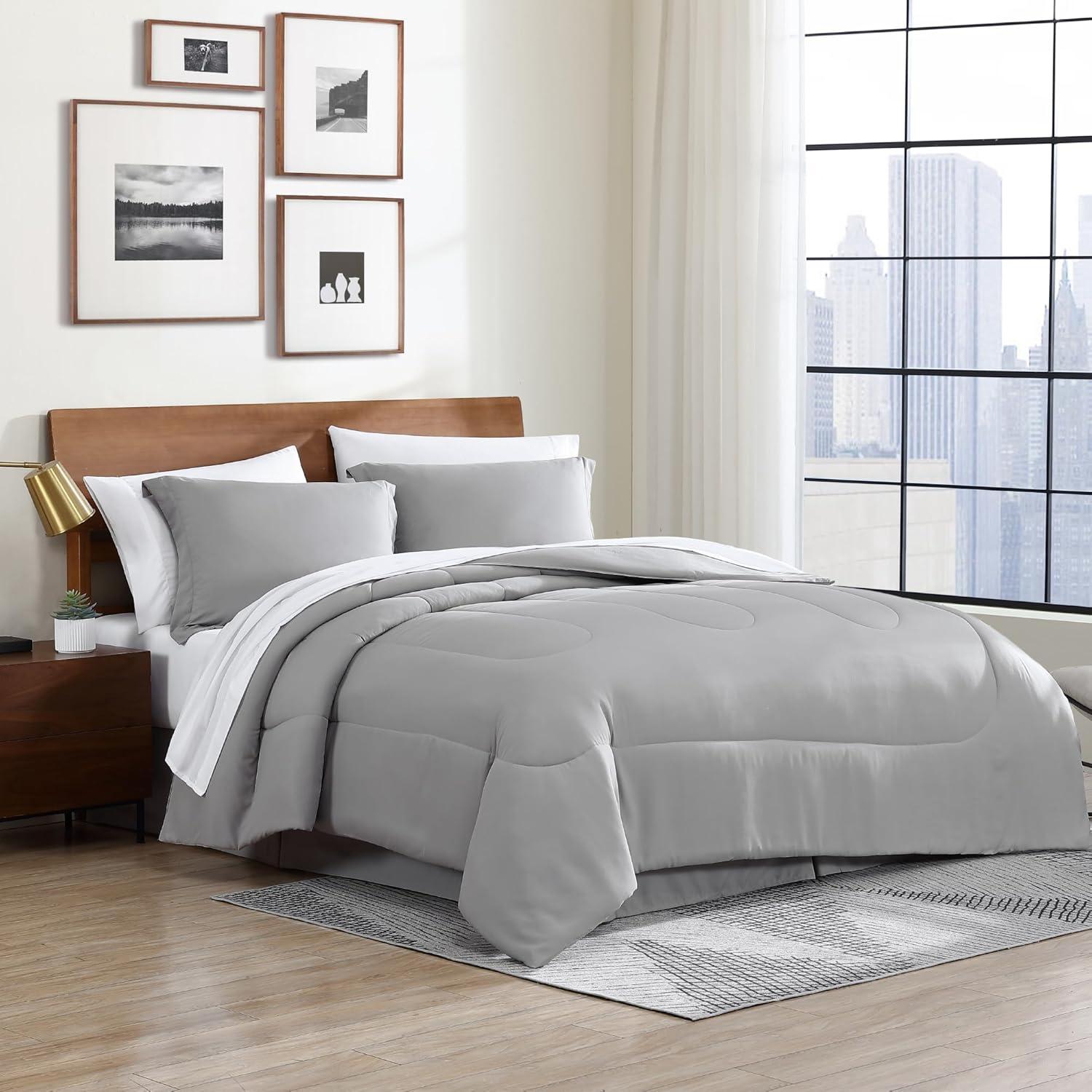 Swift Home | 8-Piece Ultra Soft Solid Bed-In-A-Bag Bedding Set Light Gray Queen