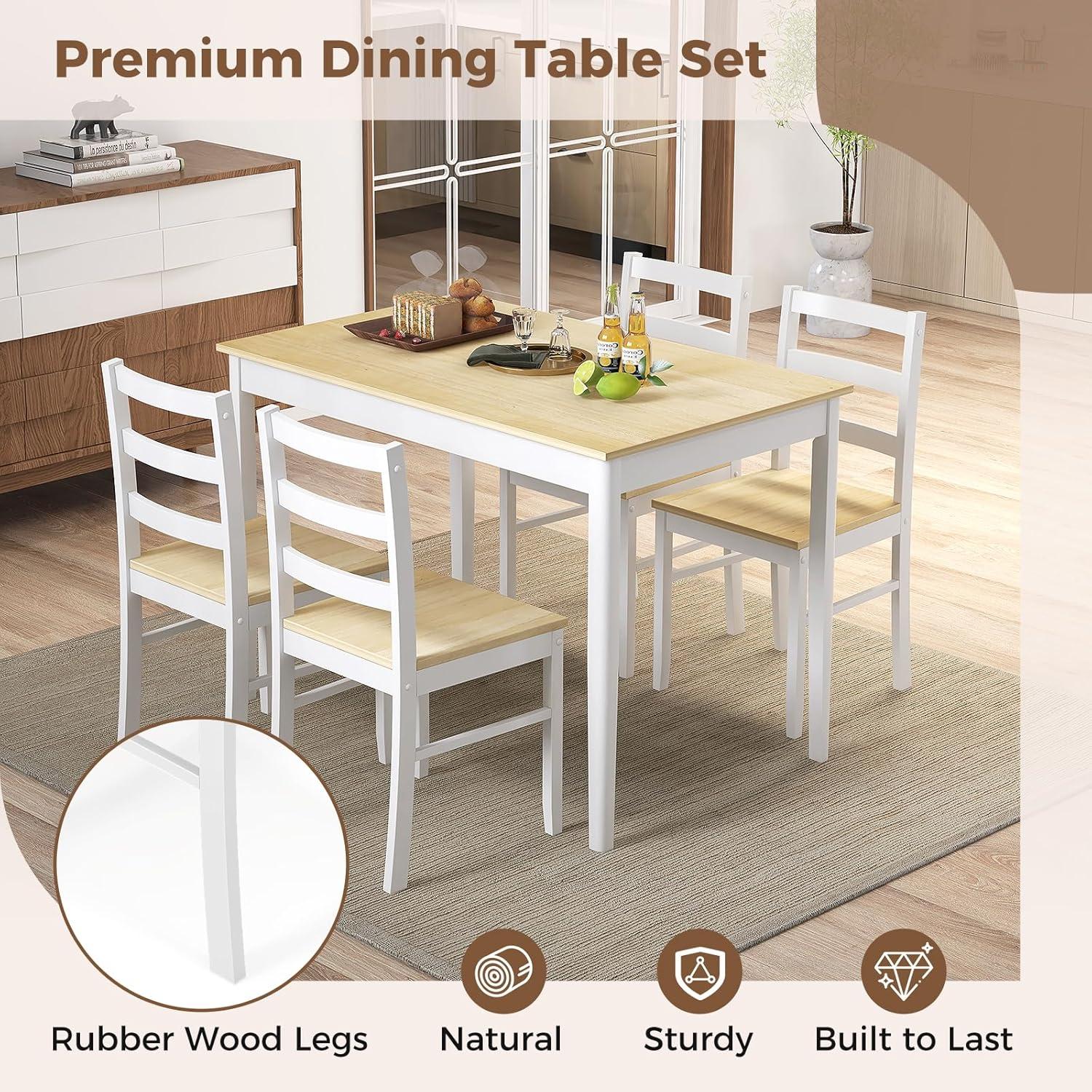 Costway 5-Piece Dining Set Solid Wood Kitchen Furniture with Rectangular Table & 4 Chairs Natural